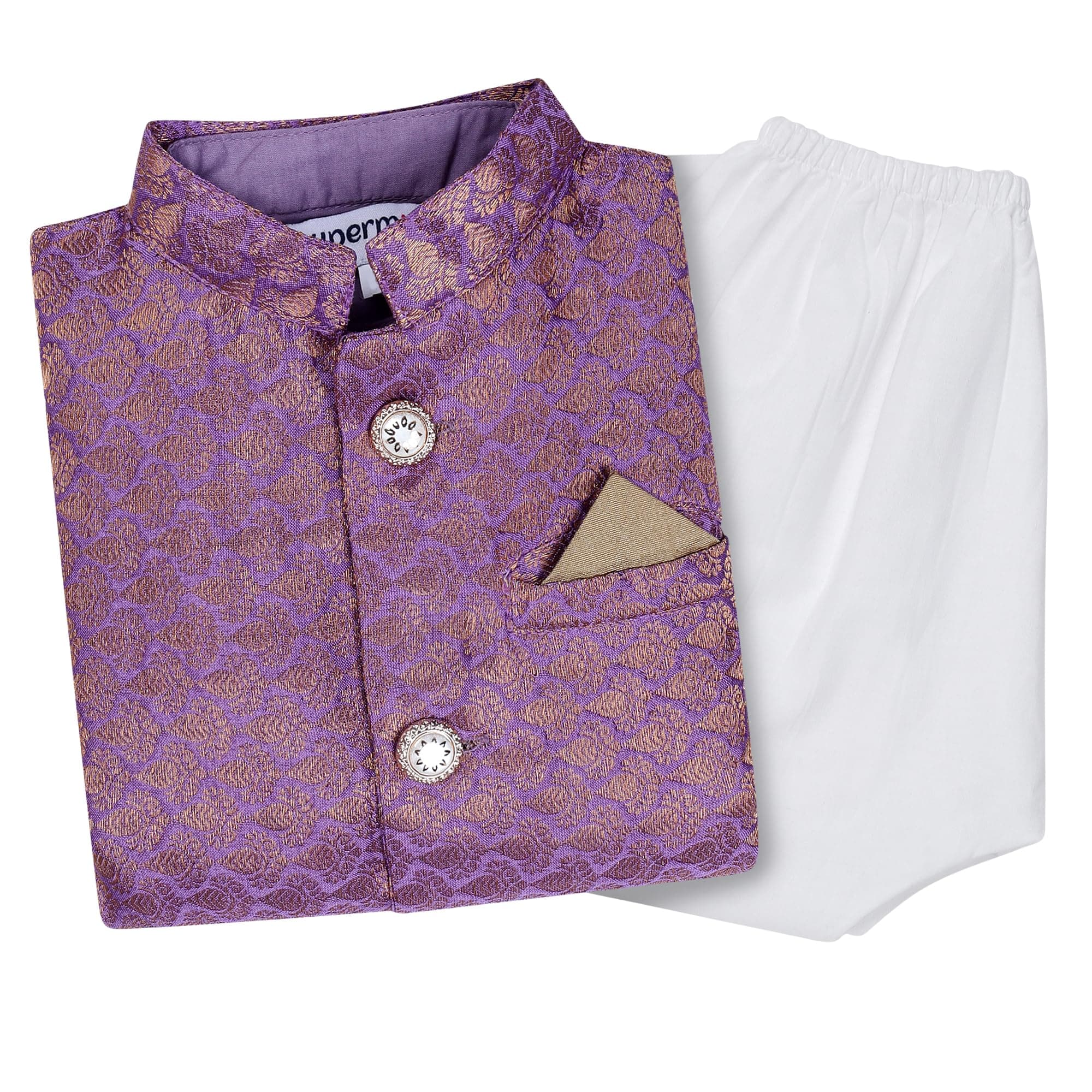 Boy's Cottton Kurta With Golden Thread Work Nehru Jacket and Elastic Closure Pyjama Set