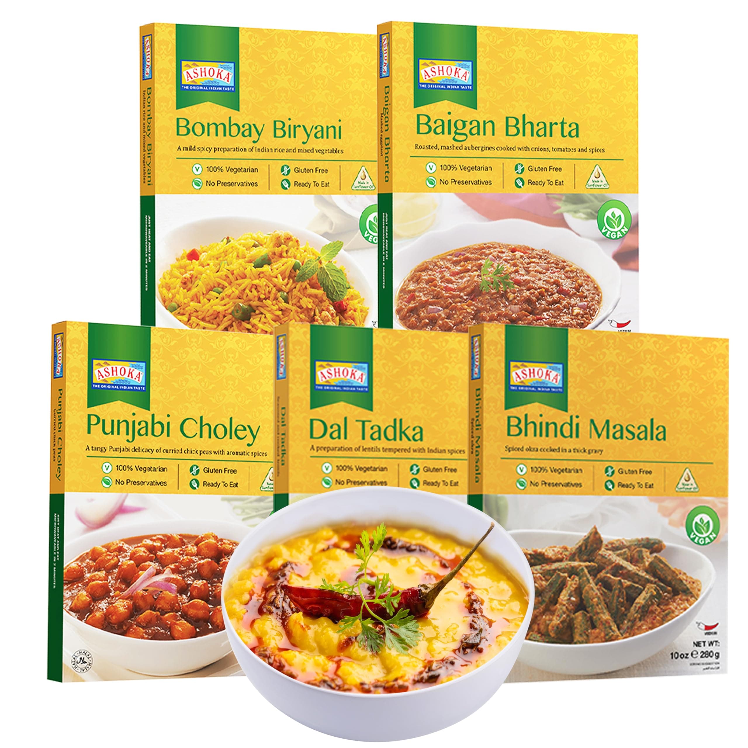 Authentic Indian Meals 1932, Vegan Sampler Pack, Kosher Certified, Ready to Eat Meal Kit, All-Natural Microwave Friendly, Great for Hiking & Camping, Gluten-Free, No Preservatives, Pack of 5