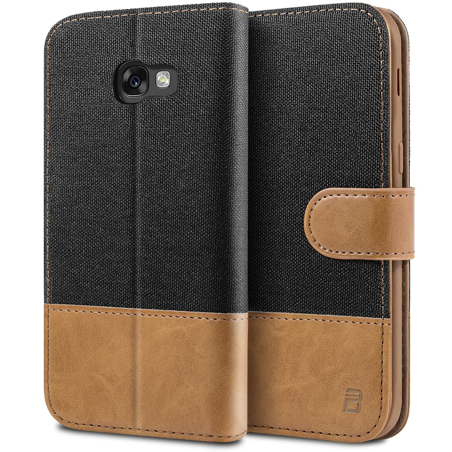 BEZ Case for Samsung A5 2017 Phone Case, Flip Case Compatible with Samsung Galaxy A5 2017, Wallet Cover [Canvas Faux Leather] with Credit Card Holders, Kick Stand, Magnetic Strap Closure, Black