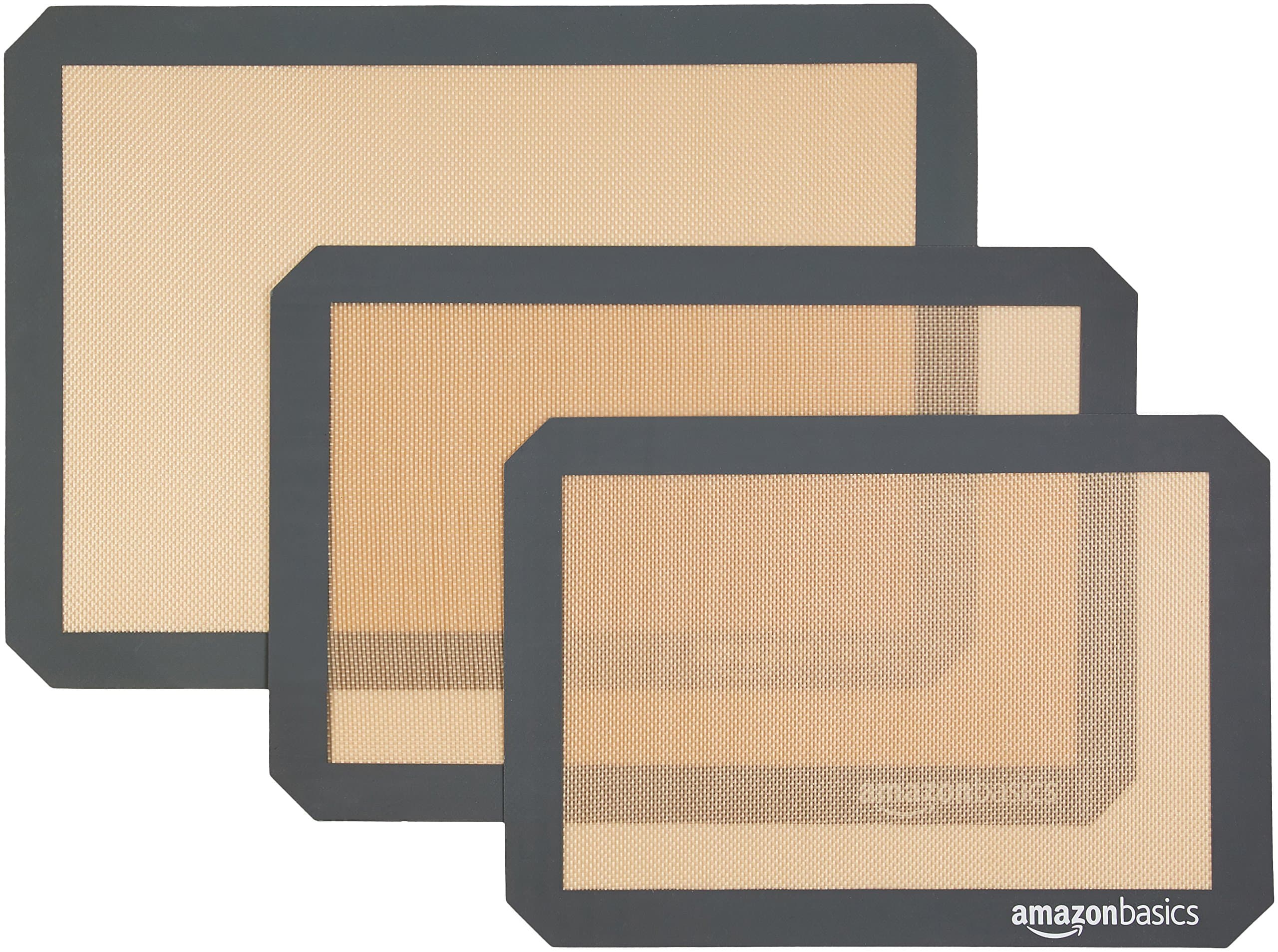 Amazon Basics Rectangular Non-Stick Silicone Baking Mat, Food Safe, Heat Resistant, 9"x13", 9.9"x14.8", and 16.5"x11.6", Beige/Gray, Pack of 3