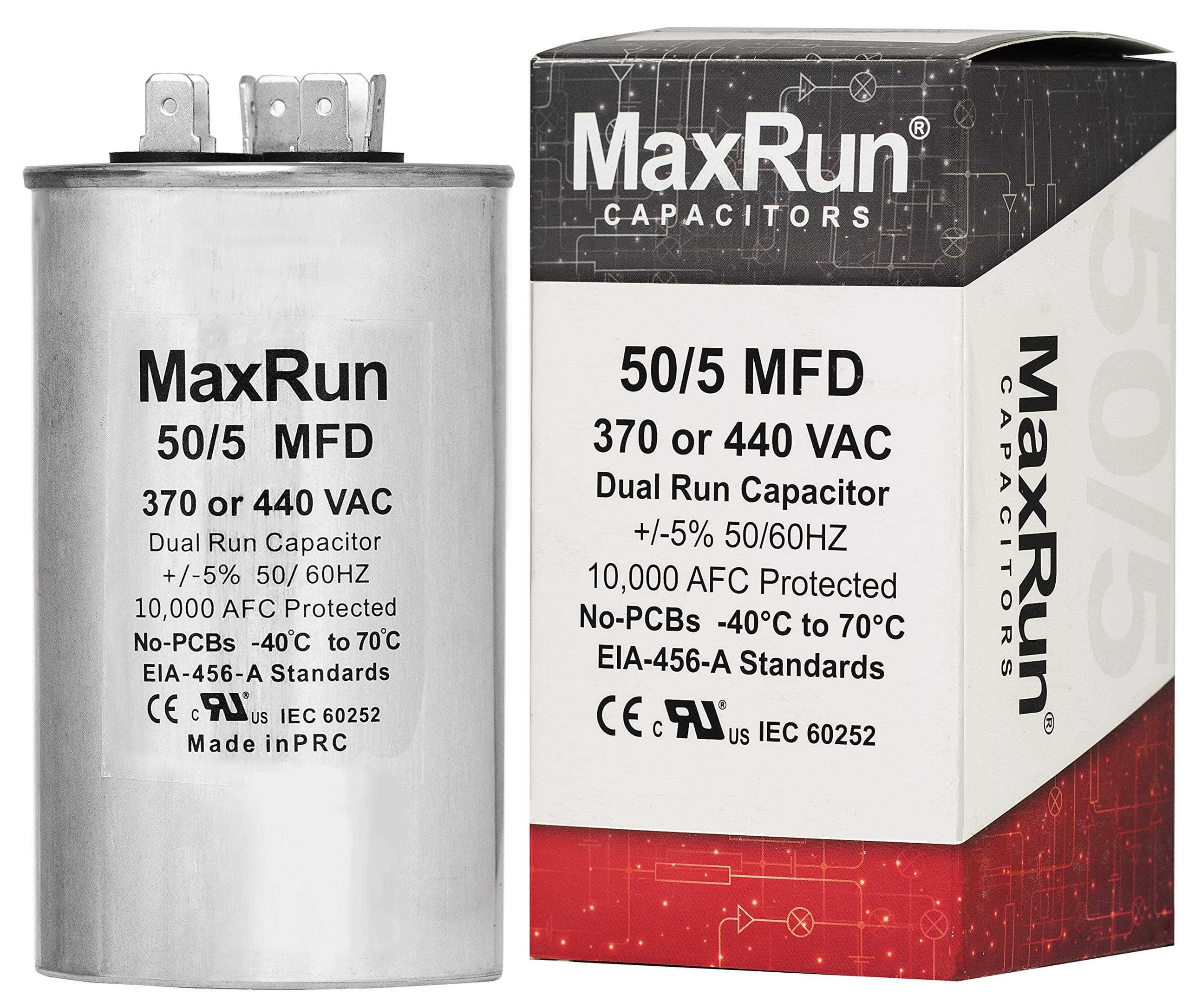 MAXRUN 50+5 MFD uf 370 or 440 Volt VAC Round Dual Run Capacitor for Air Conditioner or Heat Pump Condenser - 50/5 Microfarad Runs AC Motor and Fan - 1 Year Warranty