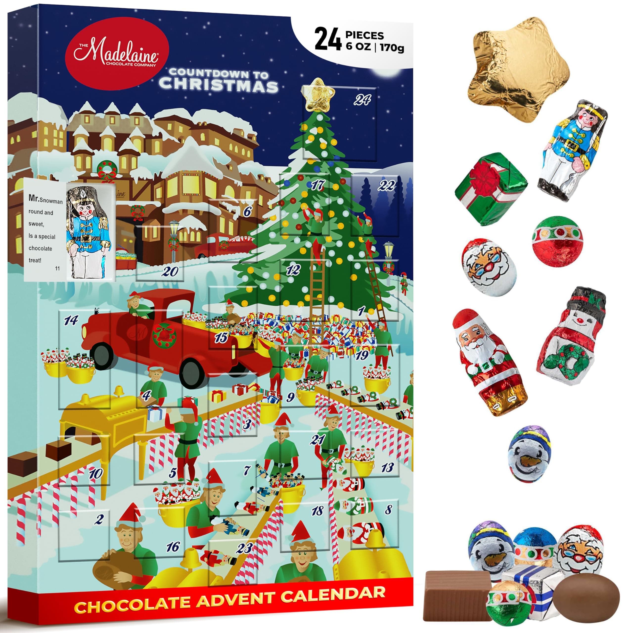 Madelaine Solid Premium Milk Chocolate Santa's Workshop 2025 Countdown Christmas Advent Calendar With 24 Solid Premium Milk Chocolates, 6oz