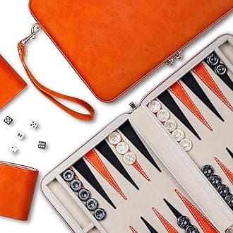 Backgammon Sets for Adults, Classic Board Game with Folding Faux Leather Backgammon Case, Portable Travel Backgammon Game Set (Orange)