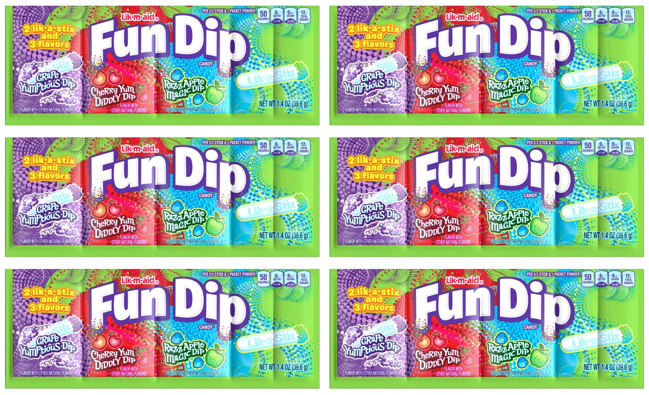 Fun Dip 3 Flavor Pack | Fun Dip RazzApple Magic Dip, Cherry Yum Diddly Dip, and Grape Yumtious Dip all in one! | 1.4 oz Packs | Pack of 6