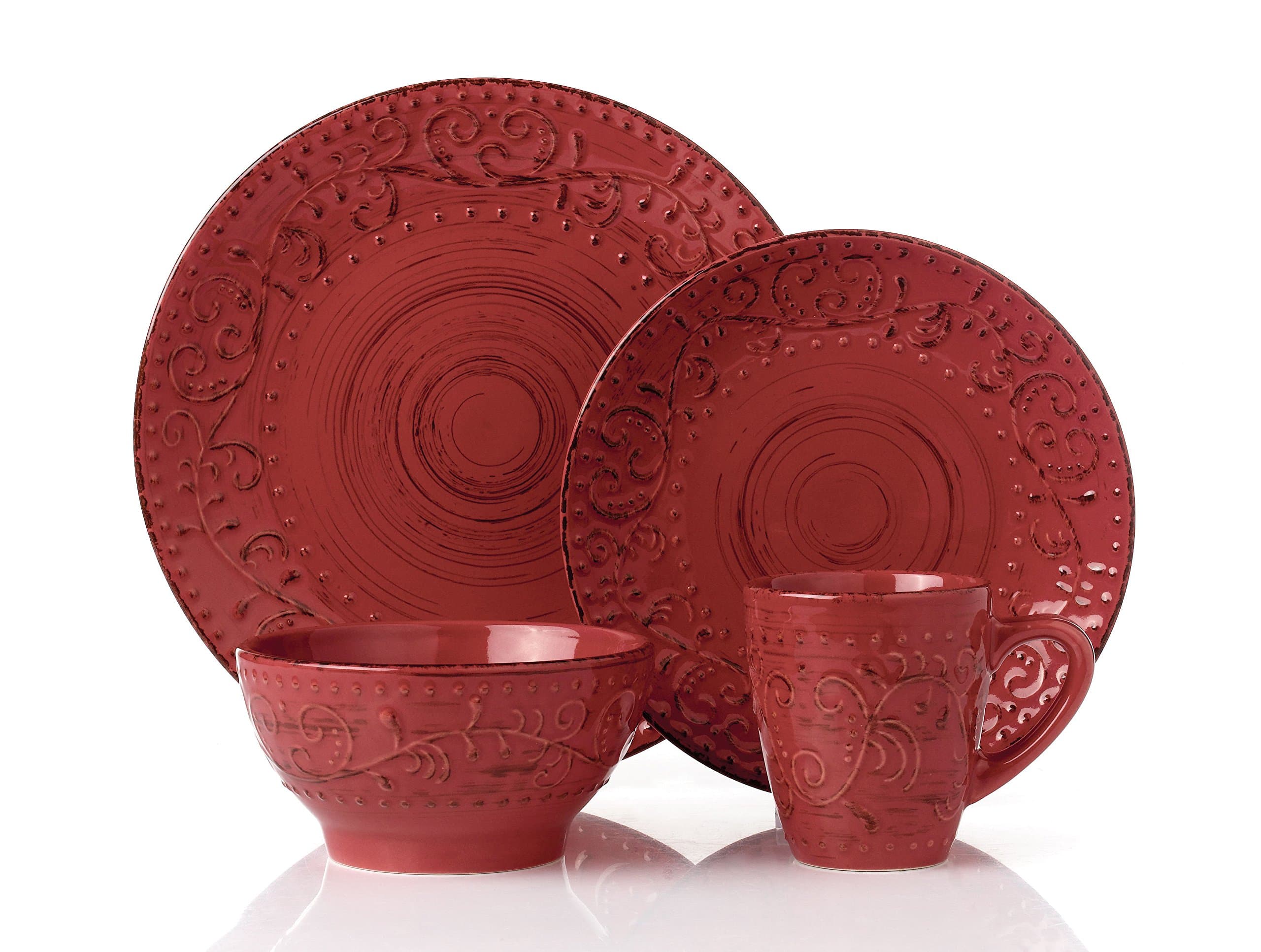 Lorren Home Trends 16 Piece Round Stoneware Distressed Dinnerware Set, Green/Red