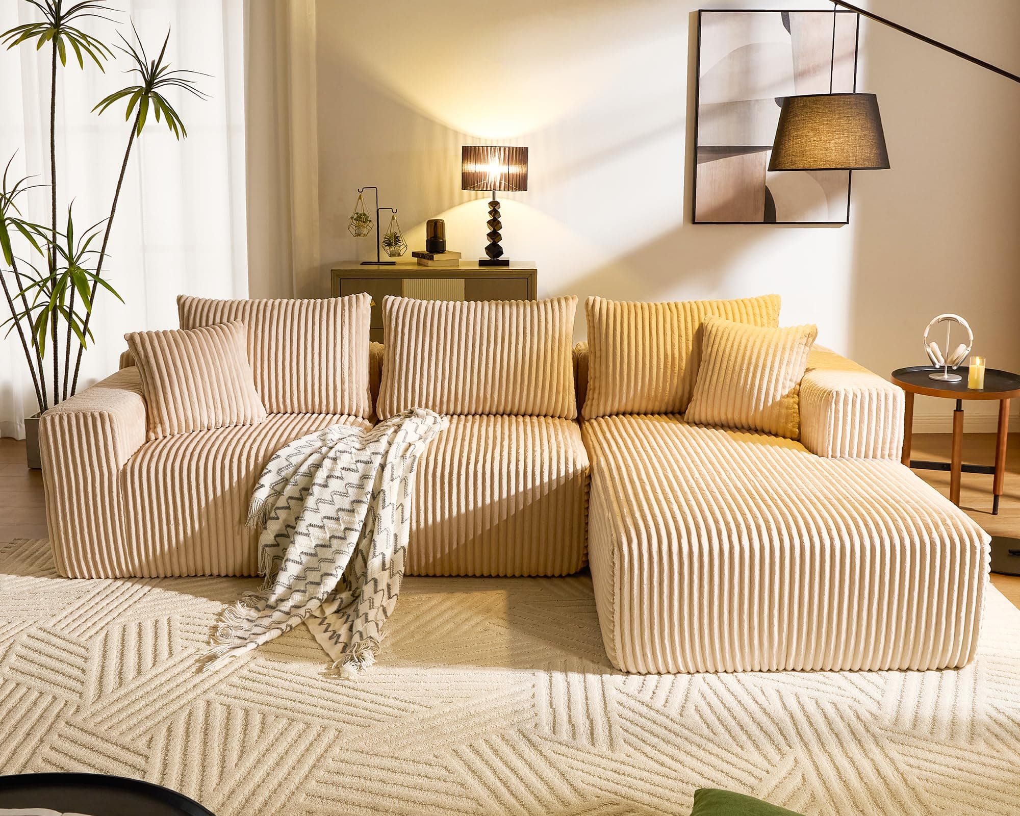 Cloud Modular Sofa Couch with L-Shape Chaise,Modern Sectional with Deep Seat, Upholstered Couches for Living Room Bedroom,No Assembly Required, Plush Corduroy Fabric 110.4"(Beige)