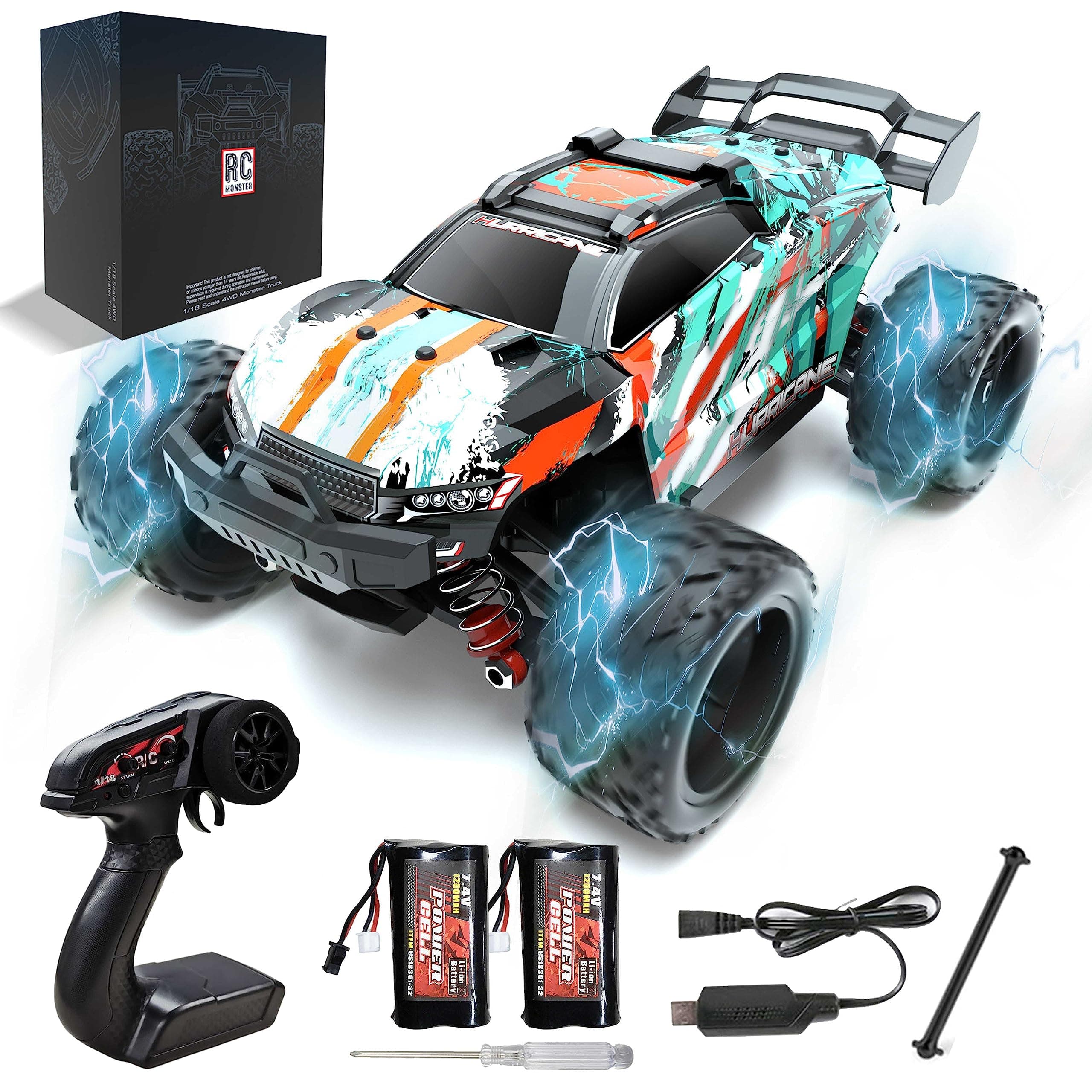 RC Monster Remote Control Car 1:18 Scale 38+KM/H High Speed 4WD Off Road RC Cars Gift for Boys & Adults, 2.4GHz All Terrain RC Trucks Kids Toys with 2 Rechargeable Batteries.