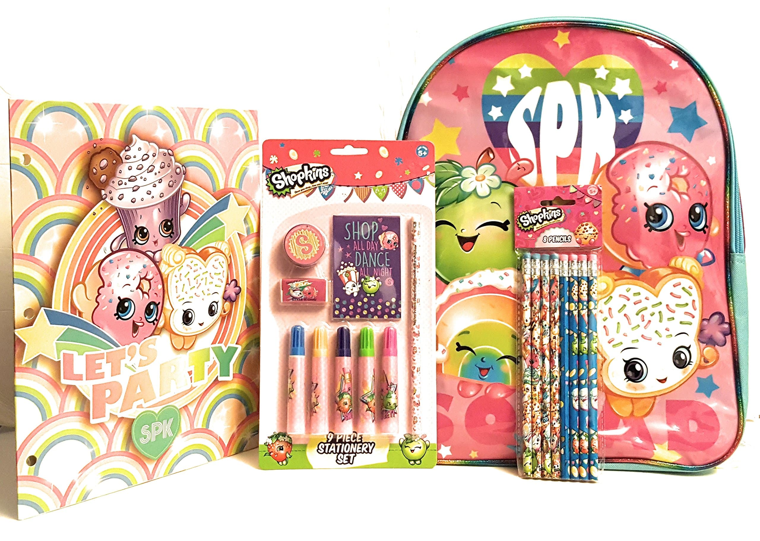Shopkins Back to School Bundle of Four Items - Includes: One Large Backpack, One Shopkins portfolio folder, One stationary set, and One pack of Pencils