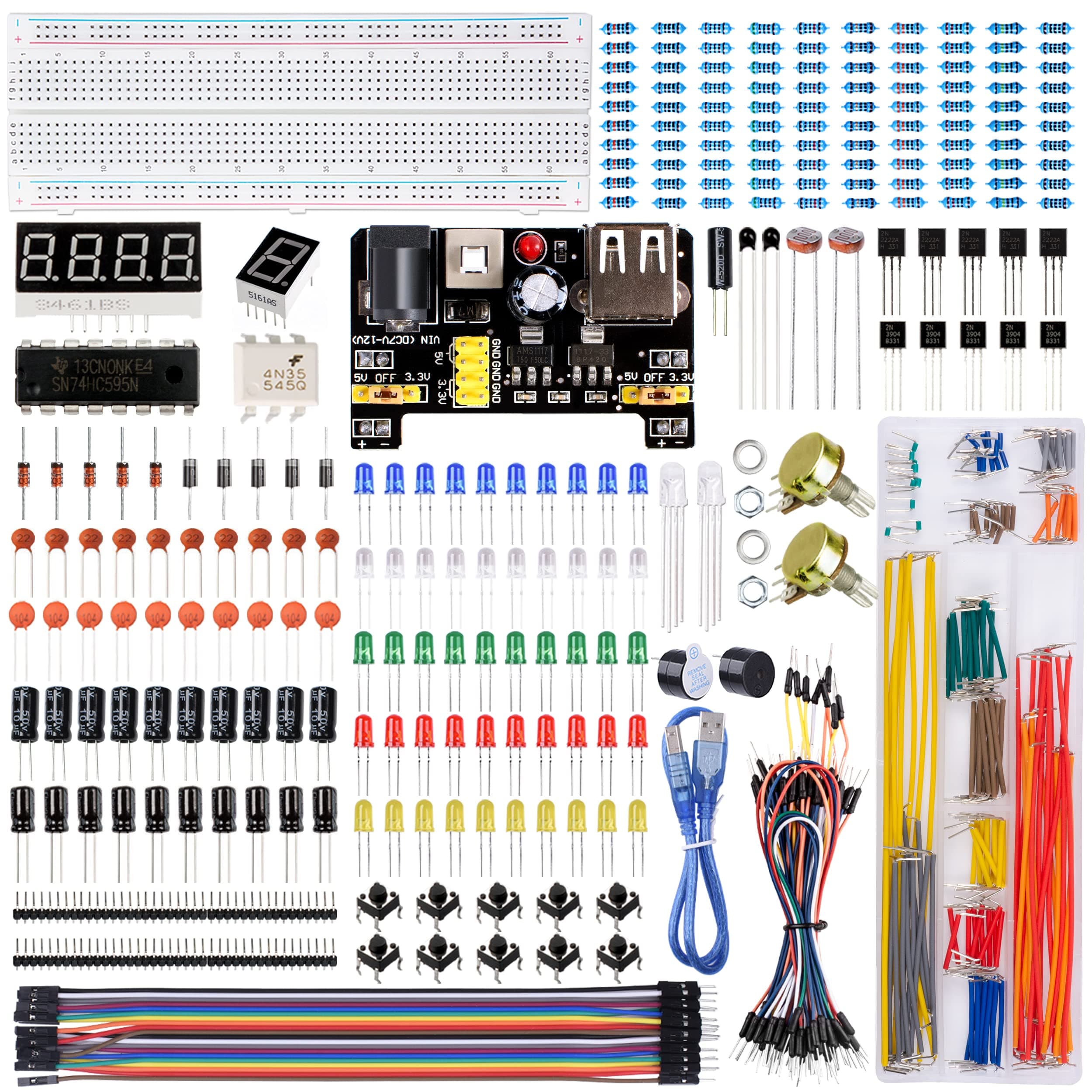Electronics Component Fun Kit with Supply Module, Jumper Wire, 830 Tie-Points Breadboard, Precision Potentiometer, Resistor, LED, Compatible with Arduino, Raspberry Pi, STM32