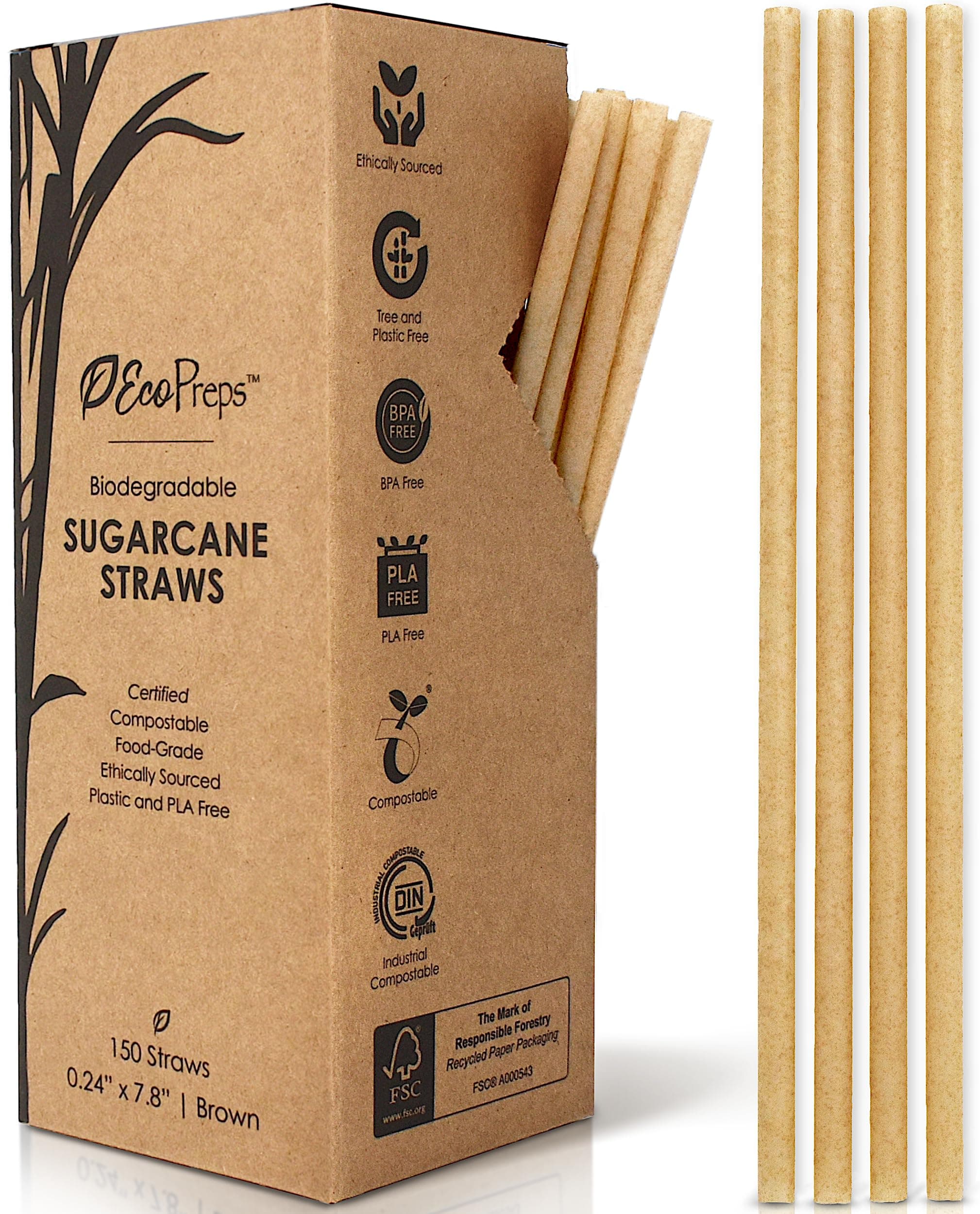Biodegradable Sugarcane Straws | 150 Count, 100% Compostable, Plastic-Free, & Eco-Friendly Drinking Straw | 7.8'' Sugar Fiber Disposable Straws, Smoothie Straw for Home, Restaurant, Parties