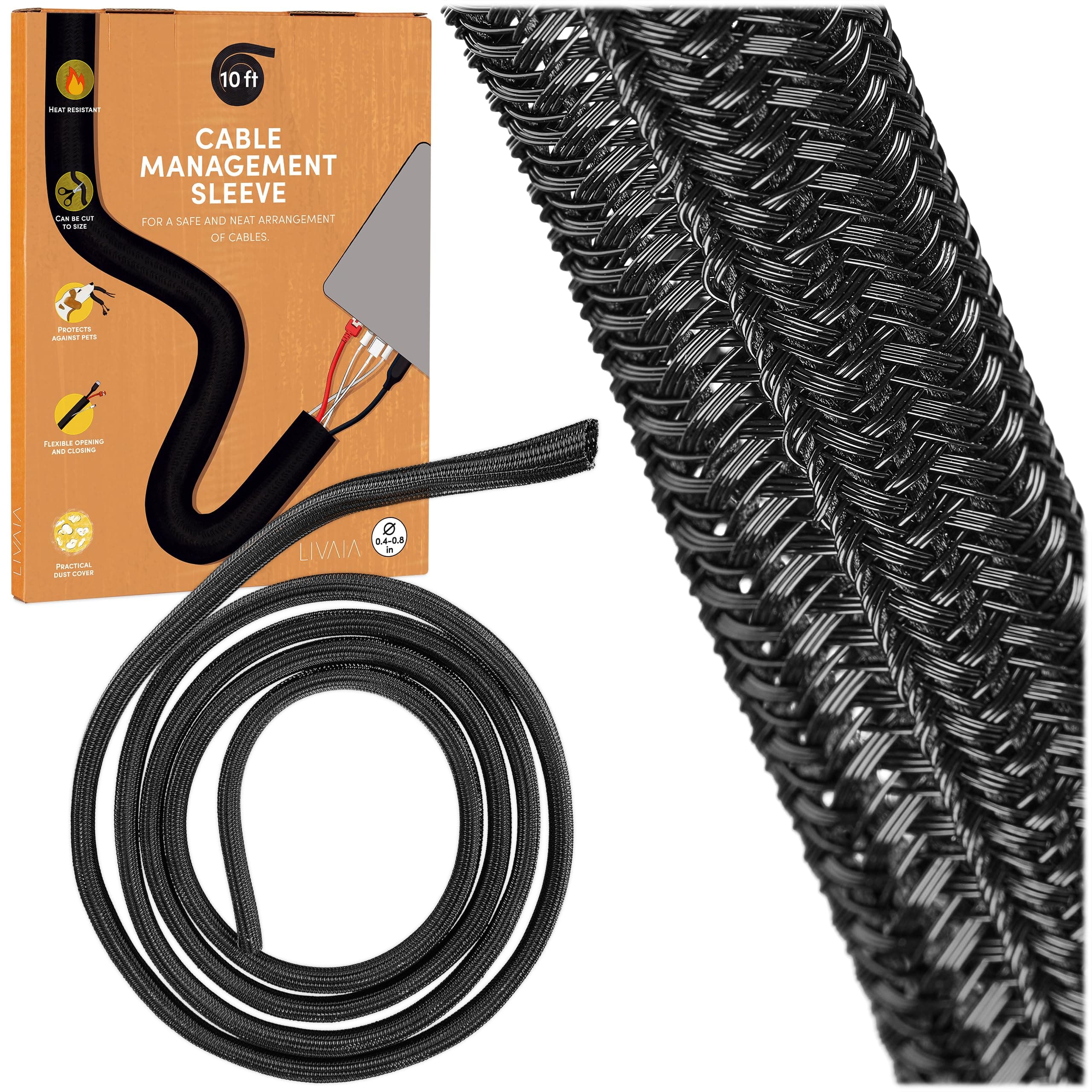 Cable Sleeve : self-Closing Black Cable Tidy Sleeve for Better Desk Cable Management - 0,47 inch to 0,79in x 10ft Cable Conduit White – cuttable Cable Protector and Computer Desk Organizer by LIVAIA