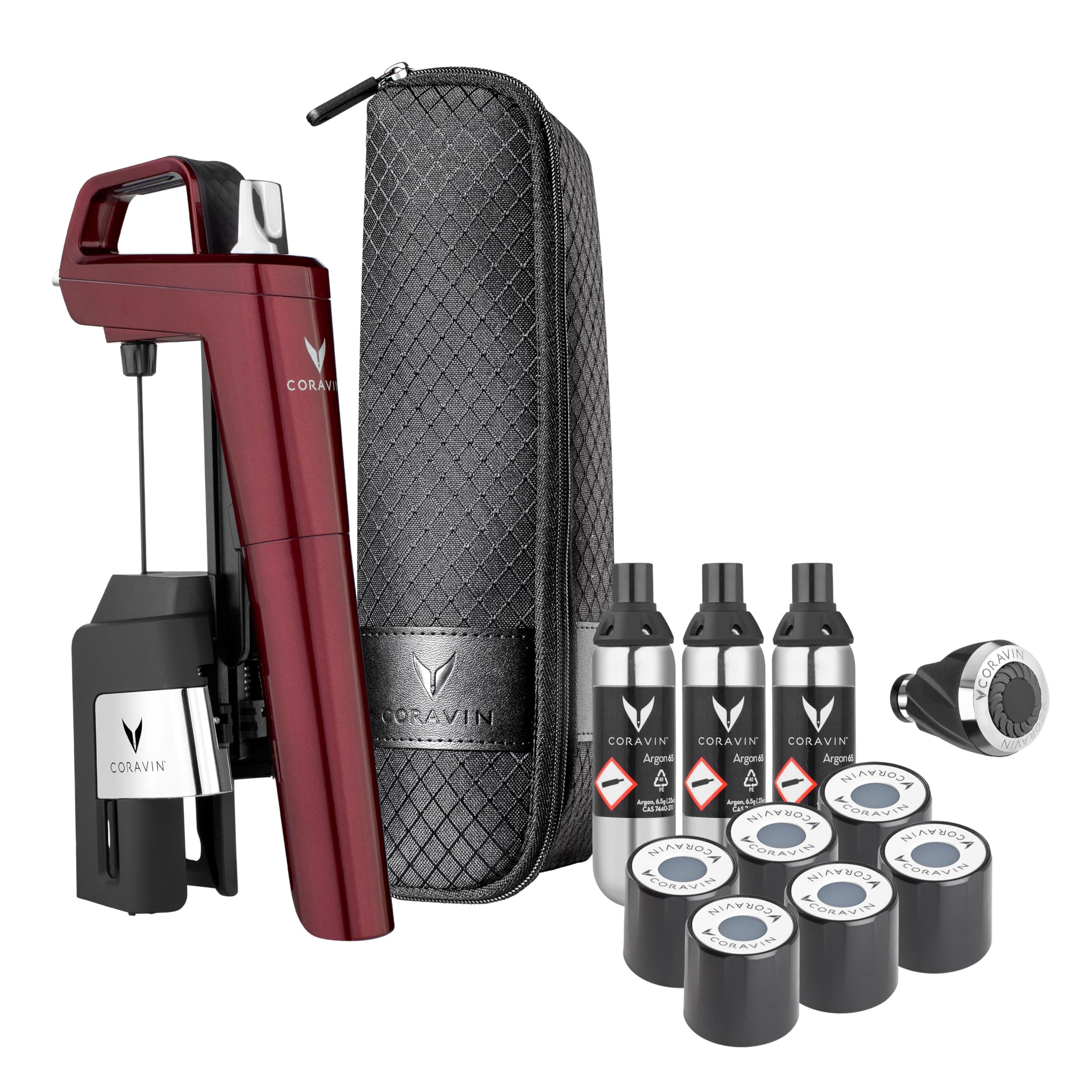 Coravin Timeless Six Plus Wine Storage System - Glass Wine Saver - Wine Aerator, 3 Pure Argon Capsules, 6 Screw Caps, Clearing Needle & Carrying Case - Burgundy