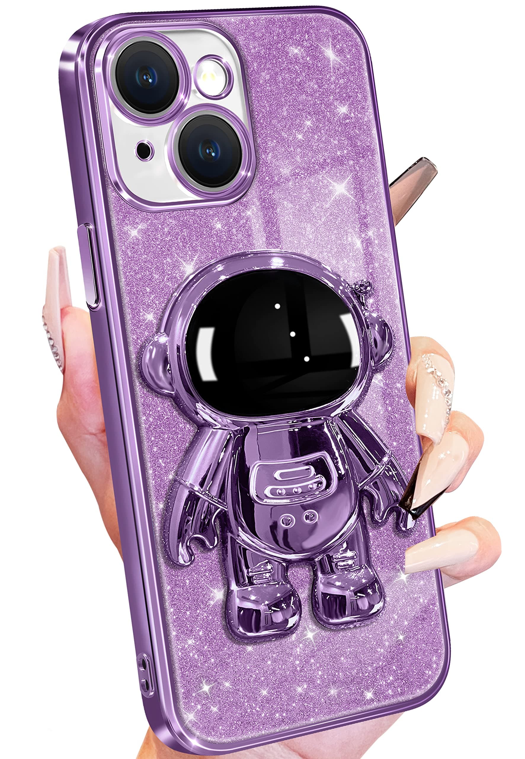 BuleensAstronaut Case for iPhone 14 Plus, Clear Glitter Spaceman Stand Phone Cover with Sparkly Space Design, Women Girls Cute Electroplated Purple