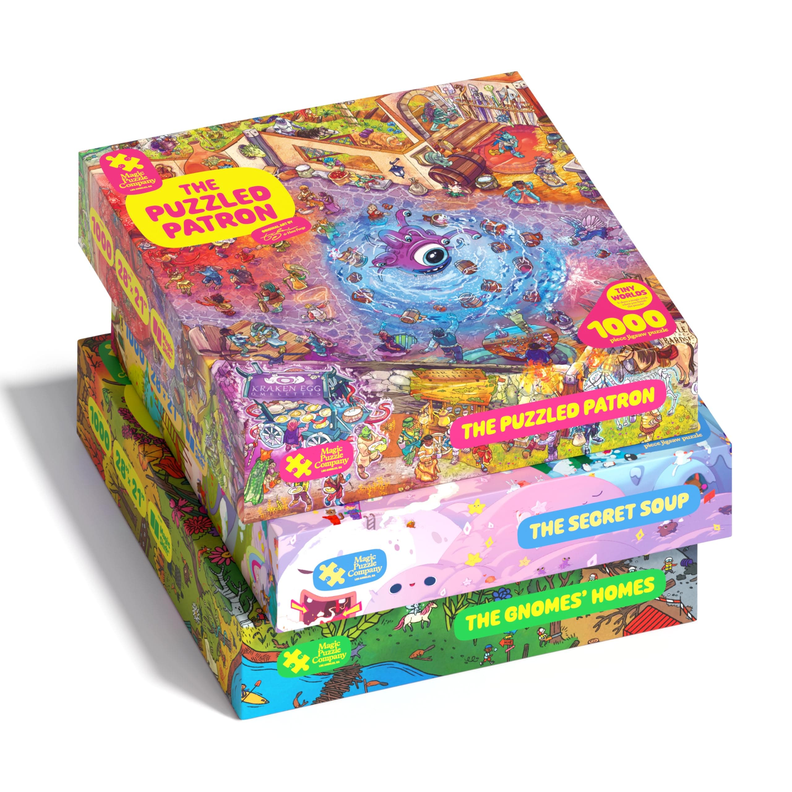 Magic Puzzles 3-Pack • Series Three • The Secret Soup, The Puzzled Patron, & The Gnomes' Homes • 1000 Piece Jigsaw Puzzles from The Magic Puzzle Company