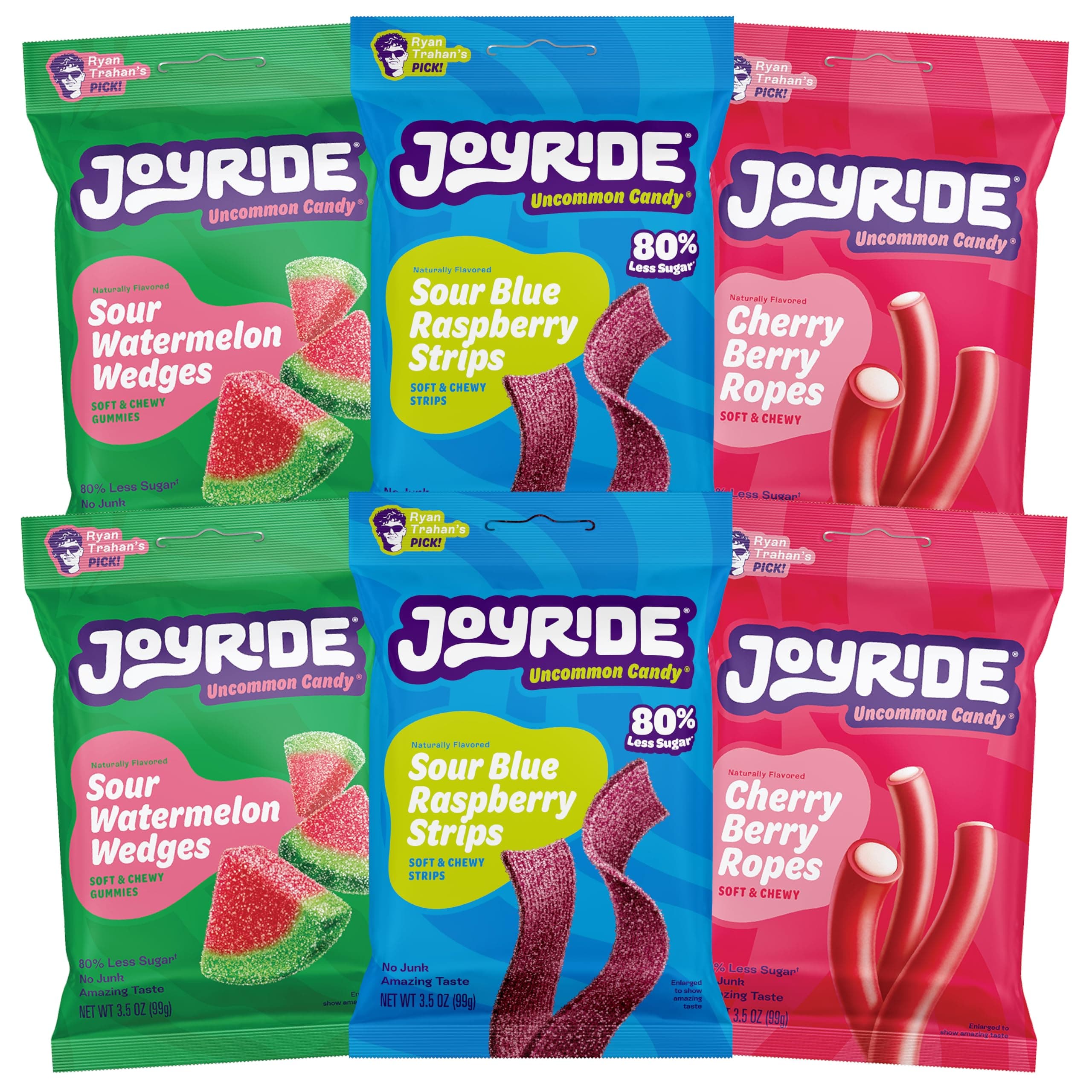 JOYRIDE Fan Favorite Variety 6 Pack - Blue Raspberry Strips, Cherry Berry Ropes, Watermelon Wedges, Low Calorie Gummy Candy, Low Sugar, Dye Free (6 Items)