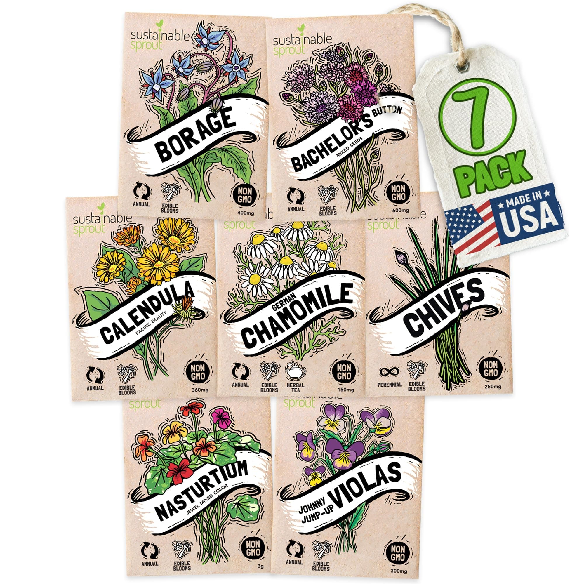 Edible Flower Seeds for Planting: 7 Variety Packets: Viola, Calendula, Chamomile, Chives, Bachelor Button, Borage & Nasturtium, Annual & Perennial Edible Flower Seeds Garden Kit by Sustainable Sprout