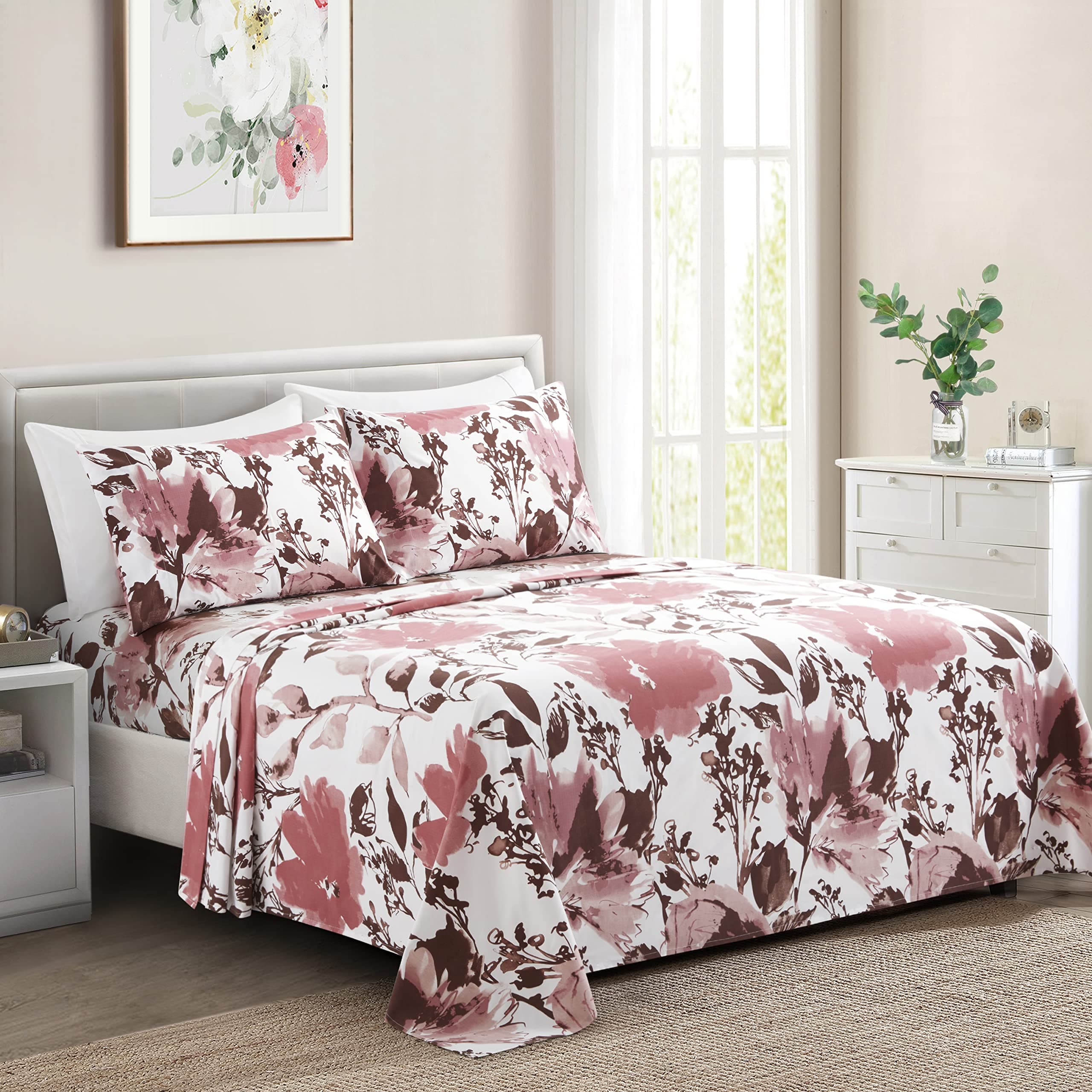 Ultra Soft Silky Deep Pocket Rich Printed Bedding Rayon from Bamboo All Season 6 Pieces Sheet Set with 4 Pillowcases, Pink Red Floral Pattern Queen Size