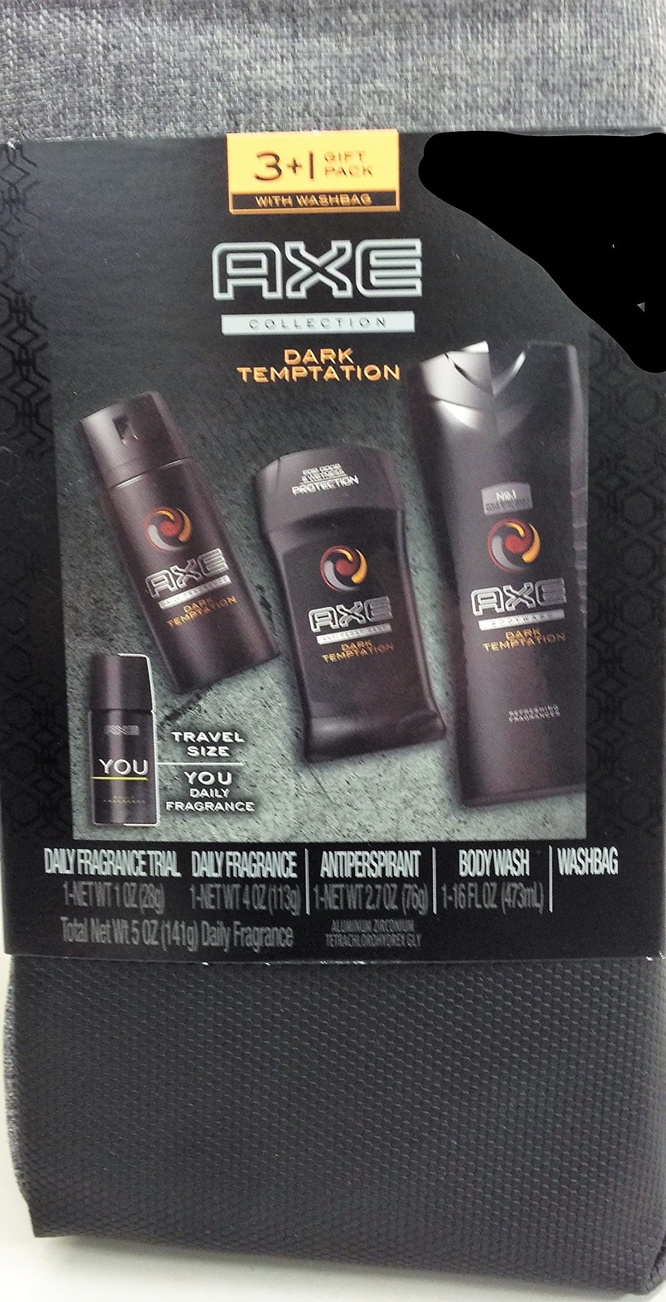 Axe Toiletry Bag (Dark Temptation) NEW for 2017, Gift Set for Him: Body Wash, Antiperspirant, Daily Fragrance + Bonus YOU Daily Fragrance