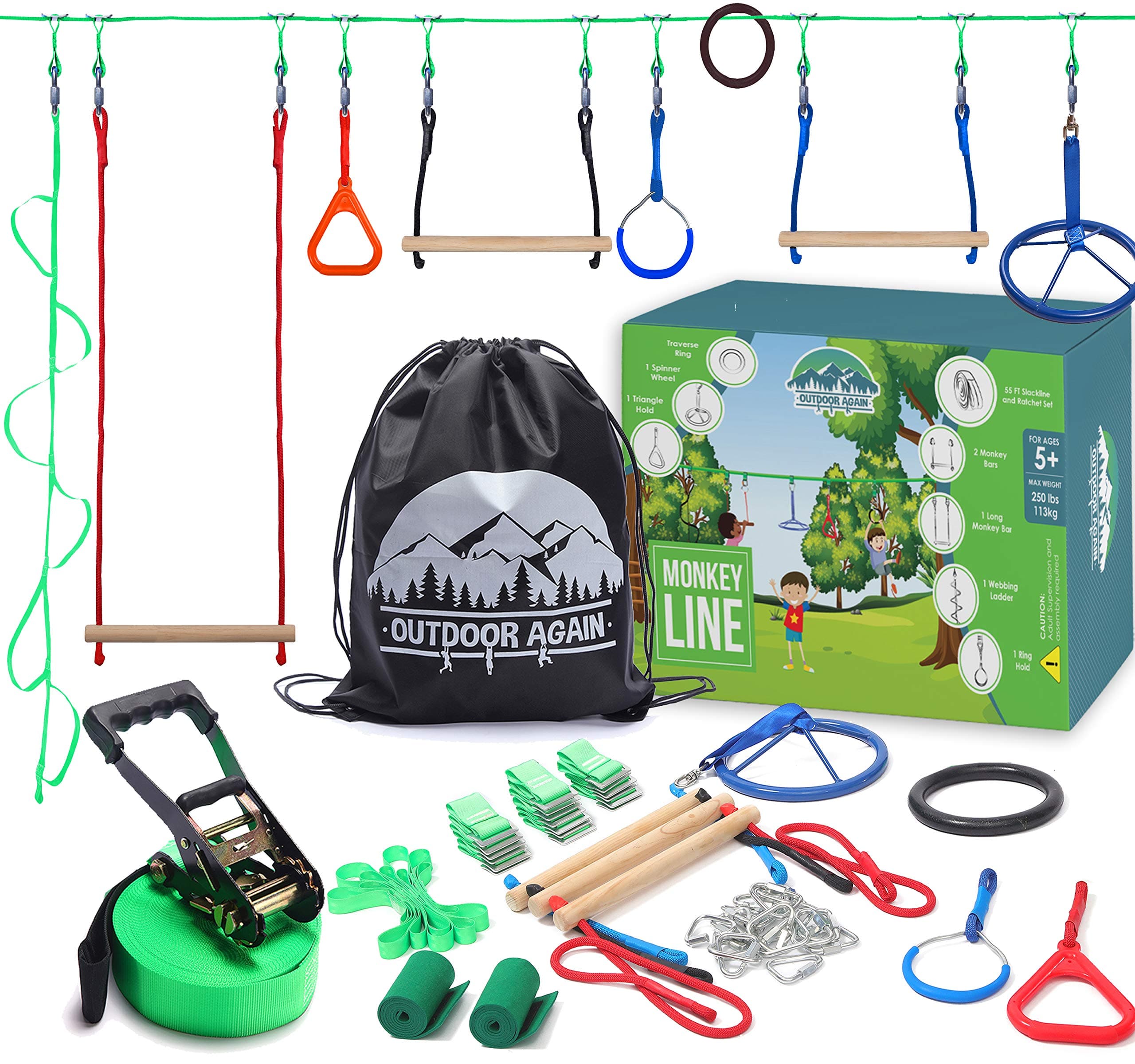 55' Ninja Warrior Obstacle Course for Kids - 9 Obstacles - Ninja Slackline - Kids Obstacle Course - Ninja Course for Kids Outside - Kids Ninja Warrior Obstacle Course- Ninja Slack Line