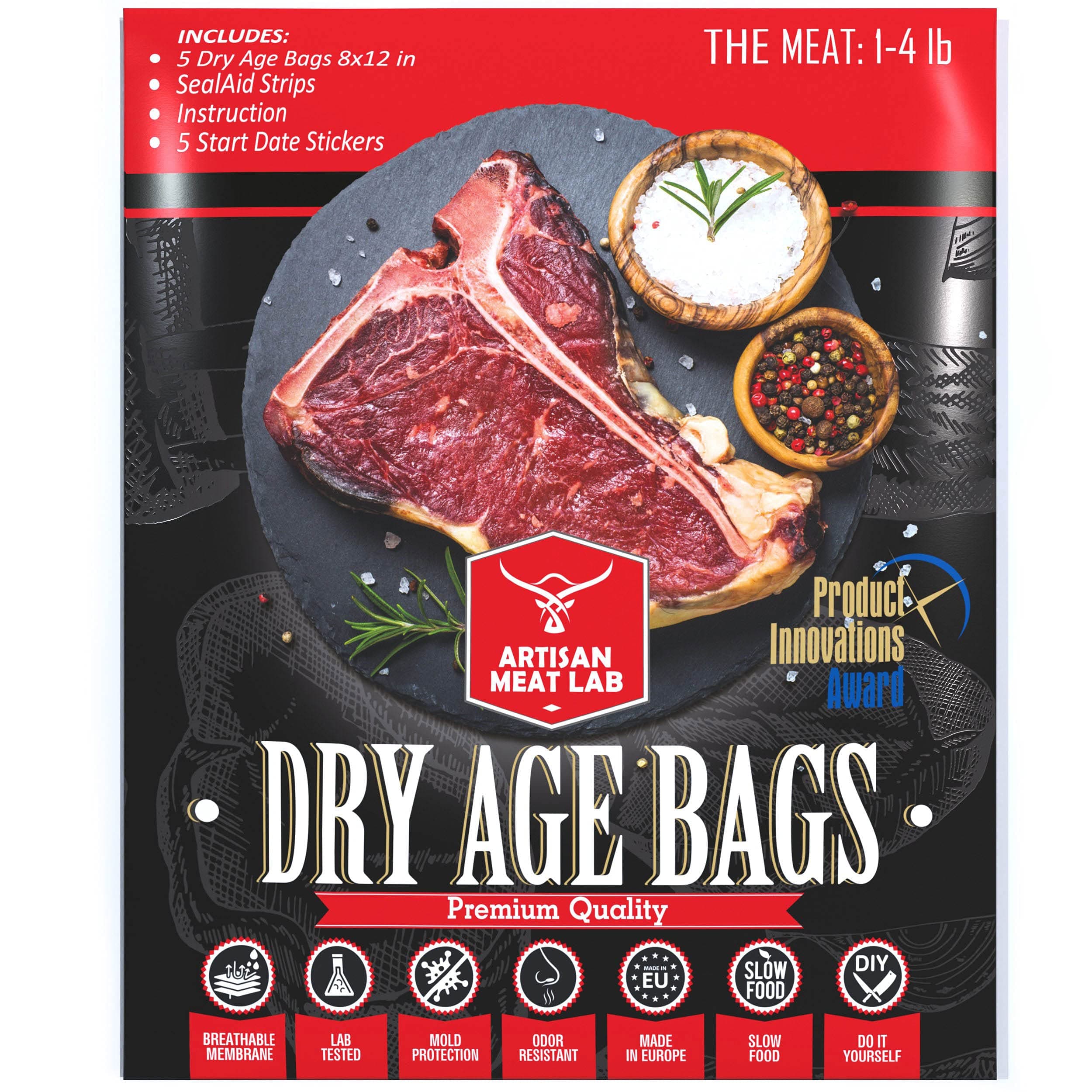 Dry Age Bag for Beef Steak. Easily Create Delicious DIY Aged Meat. Breathable Membrane Kit, Lab Tested Safe & Effective 5pcs. 8x12 in (20x30 cm), 1-4 lb 0.5-2 kg - Artisan Meat LAB