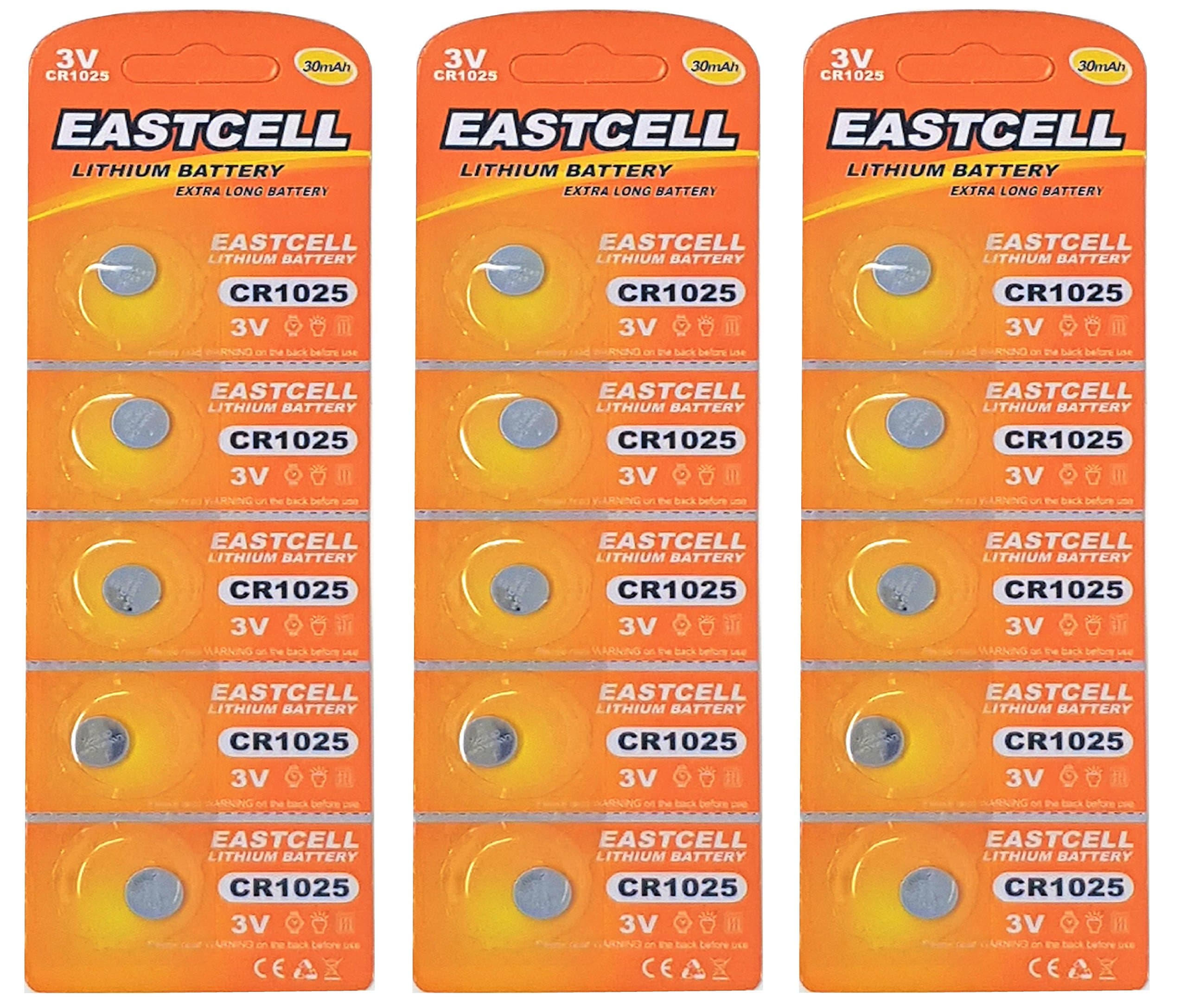 EASTCELL 15 x CR1025 3 V Lithium Button Cell 3 mAh (Blister Ercard 5 Batteries Pack of 30) Brand FBA