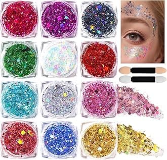 Teenitor Face Glitter Body Makeup Gel, 12 Colors Holographic Gel Festival Hair Chunky Sequins For Face, Hair, Eye, Lip, (Tal-115)