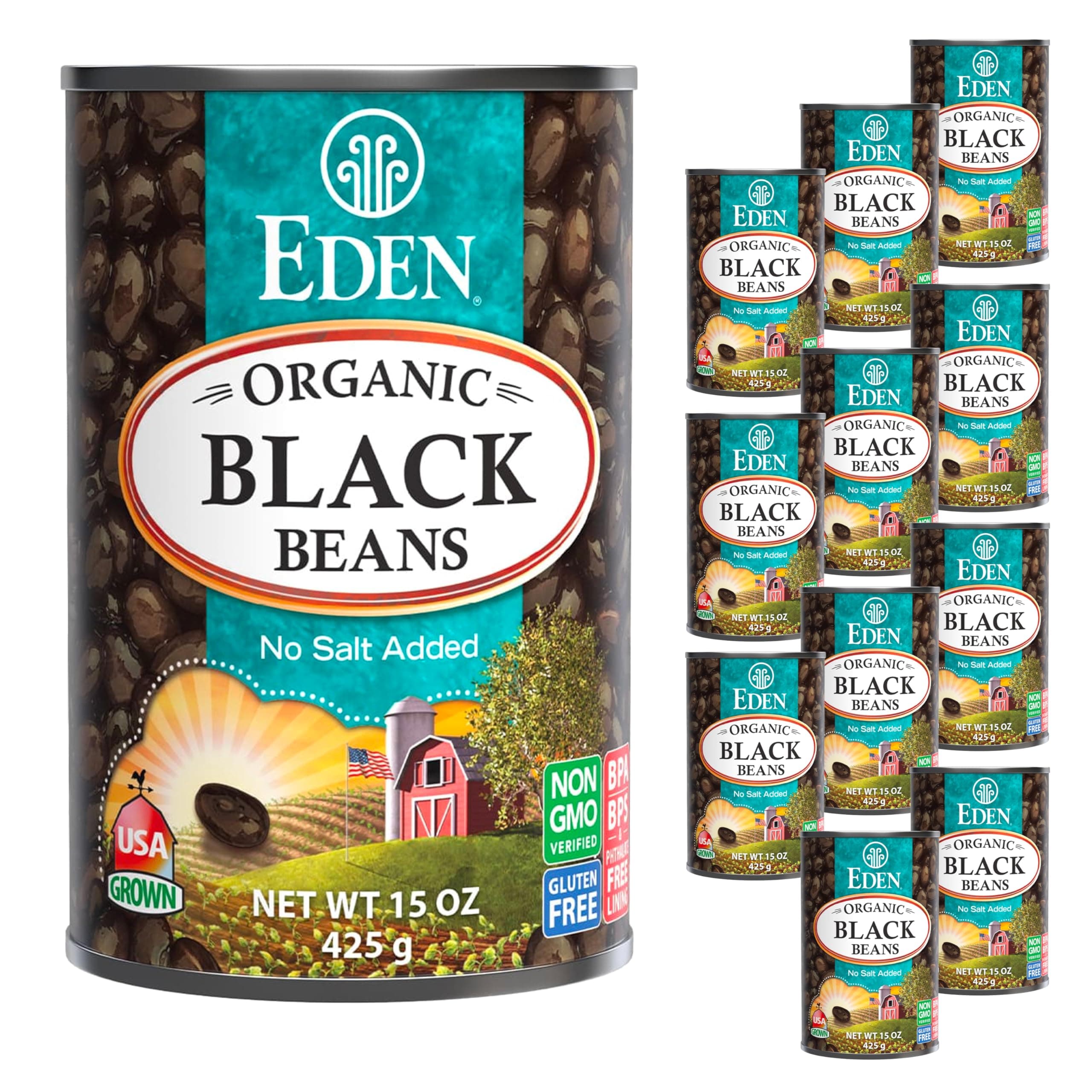 Eden Organic Black Beans, 15 oz Can (12-Pack Case) , No Salt Added, Non-GMO, U.S Grown, Heat and Serve, Macrobiotic, Turtle Beans, Frijol Negro, Caviar Criollo