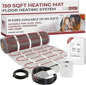 LuxHeat 150sqft Floor Heating Mat Kit - 120v Underfloor Heating System - Electric Radiant Heated Flooring System for Tile & Laminate - Includes UWG4 WiFi Programmable Thermostat w/GFCI, Alarm & Sensor