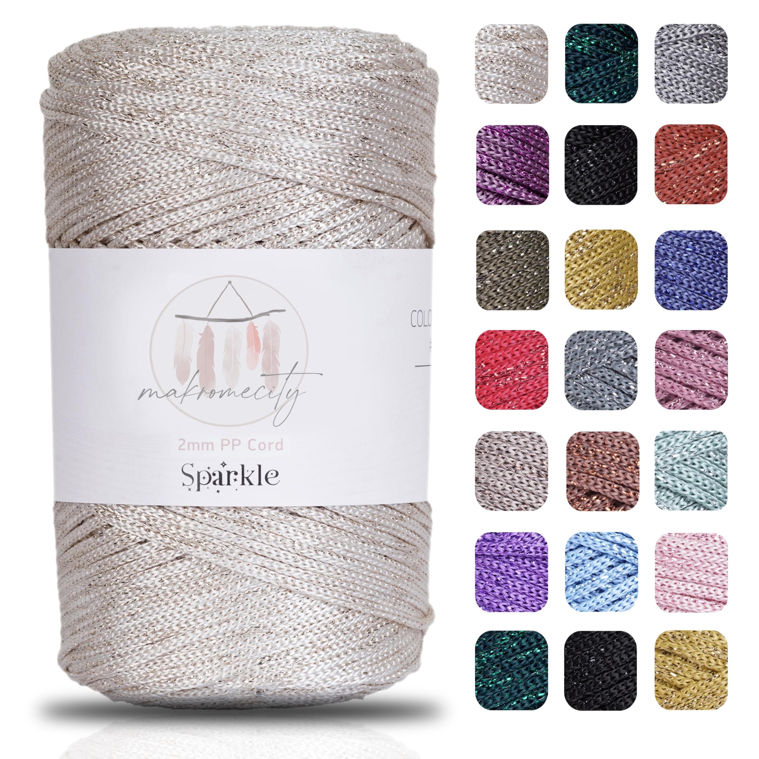 Makromecity, Sparkle Polyester Macrame Cord 2mm x 250 Yards (750 feet) 2mm Polypropylene Macrame Cord for Macrame Art & Crafts for Wall Hangings, Bags, Underplate, Rug