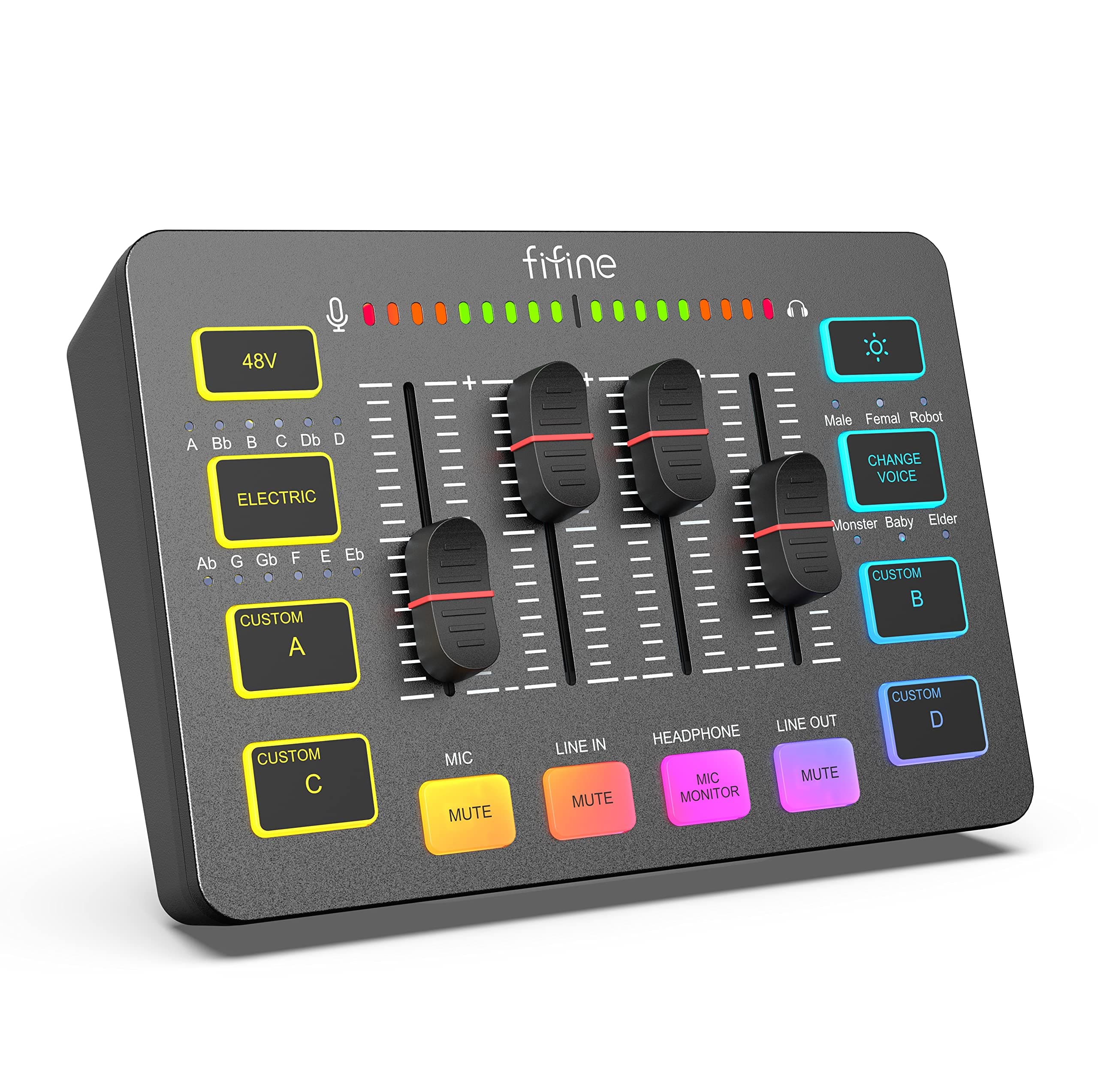 FIFINE Gaming Audio Mixer for Streaming, RGB PC Audio Interface, DJ Mixer with XLR Microphone Interface Volume Fader Individual Channel Design, Customized Soundboard for Podcast, Recording, Vocal-SC3
