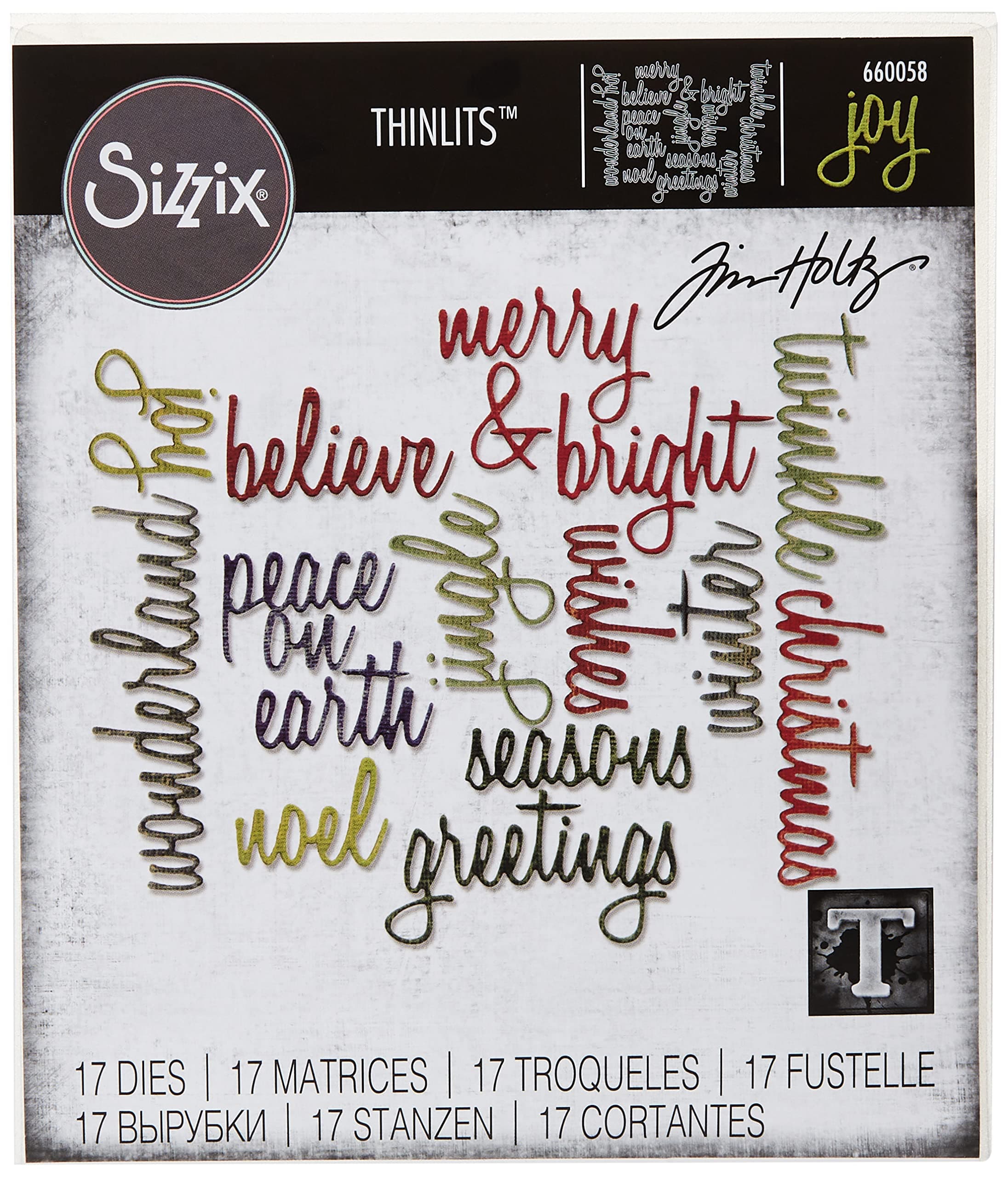 Sizzix, Holiday Words Thinlits Die Set , Script by Tim Holtz, 17 Pack, Multi Color, One Size