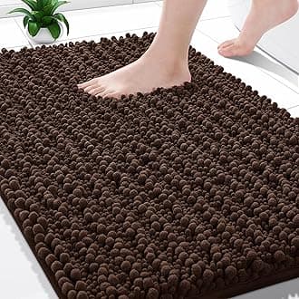 Yimobra Chenille Luxury Shaggy Rectangular Bath Mat,Soft And Cozy,Super Absorbent Water,Non-Slip,Machine-Washable,Thick Modern For Bathroom Bedroom(24 X 17 Inch,Brown)
