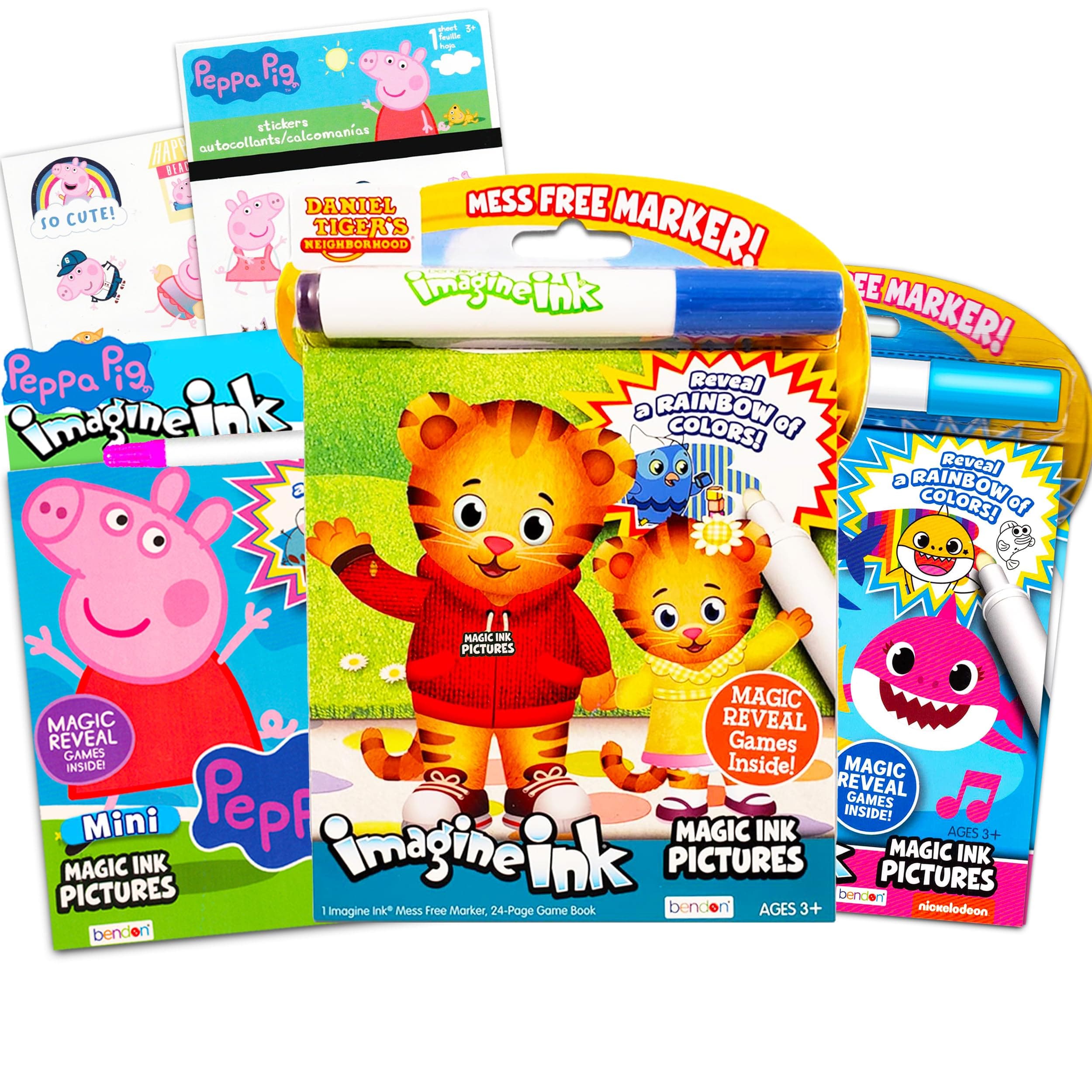 Imagine Ink Coloring Book Bundle ~ 3 Pack No Mess Magic Ink Activity Books with Daniel Tiger, Peppa Pig, and Baby Shark with Peppa Pig Stickers