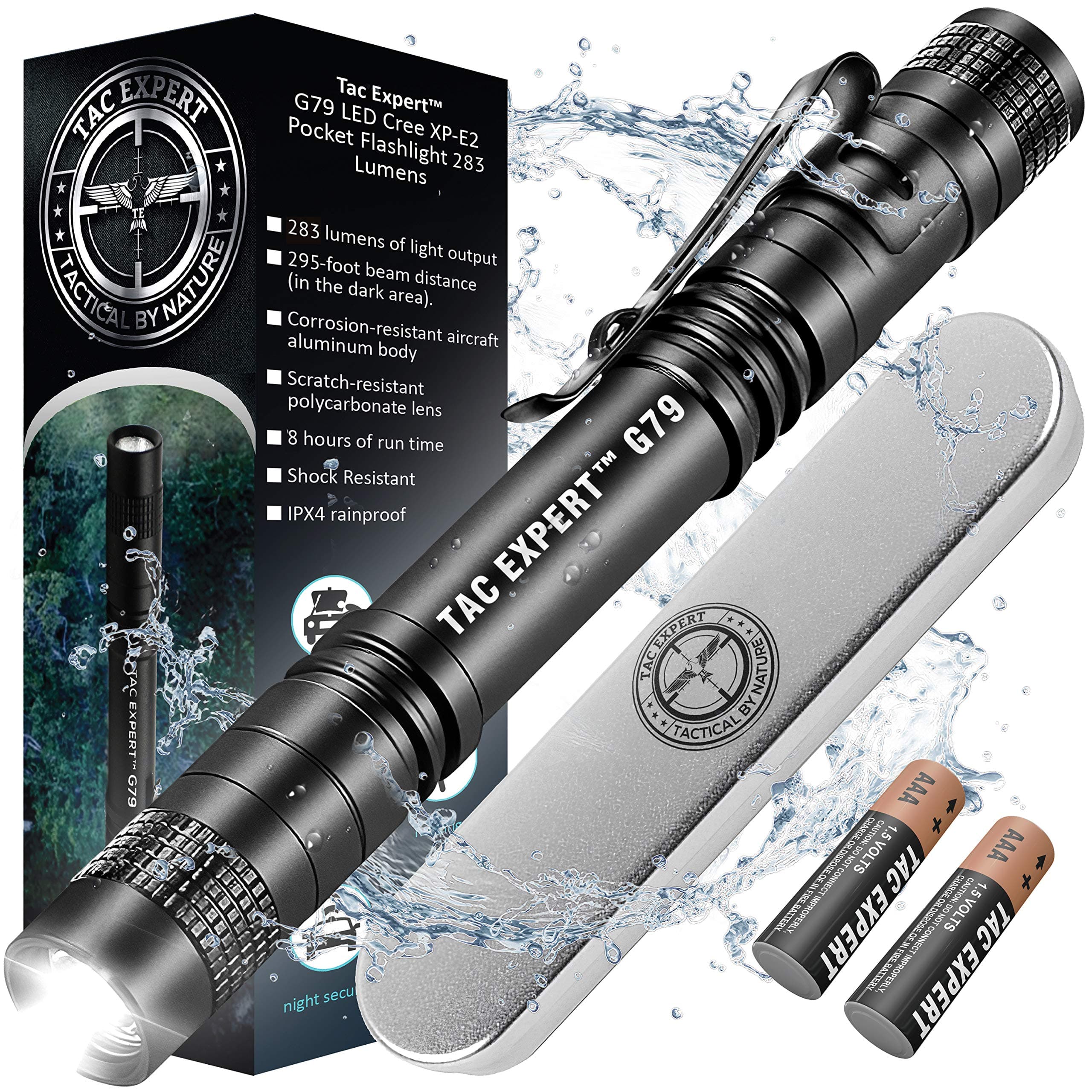 TAC-EXPERT-G79 LED Tactical Penlight Flashlight: Super Bright EDC 283-Lumen 295-ft CREE XP-E2 R4 | Pocket Shockproof Waterproof | 2-AAA Batteries & Gift Case Included | Camping Medical Inspection Work