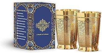 INDIAN ART VILLA Pure Brass Glass Tumbler with Embossed Design, for Drinking Serving Water, Yoga & Ayurveda, Volume-270 ML, Set of 2