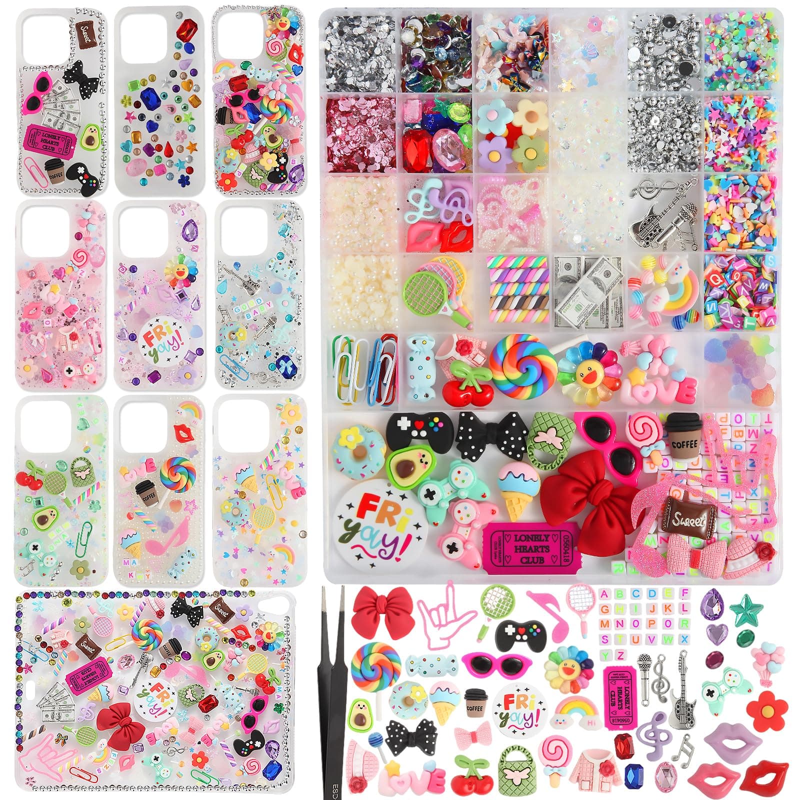 EIiovcnya 4980 Pcs Junk case Charms for Junk Cases, DIY Junk Phone case, Nail Charms, Including Bling Resin Rhinestone, Bows, Star, Love, Candy, Letter Beads,Beads, Decor Easter Basket Stuffers Gift
