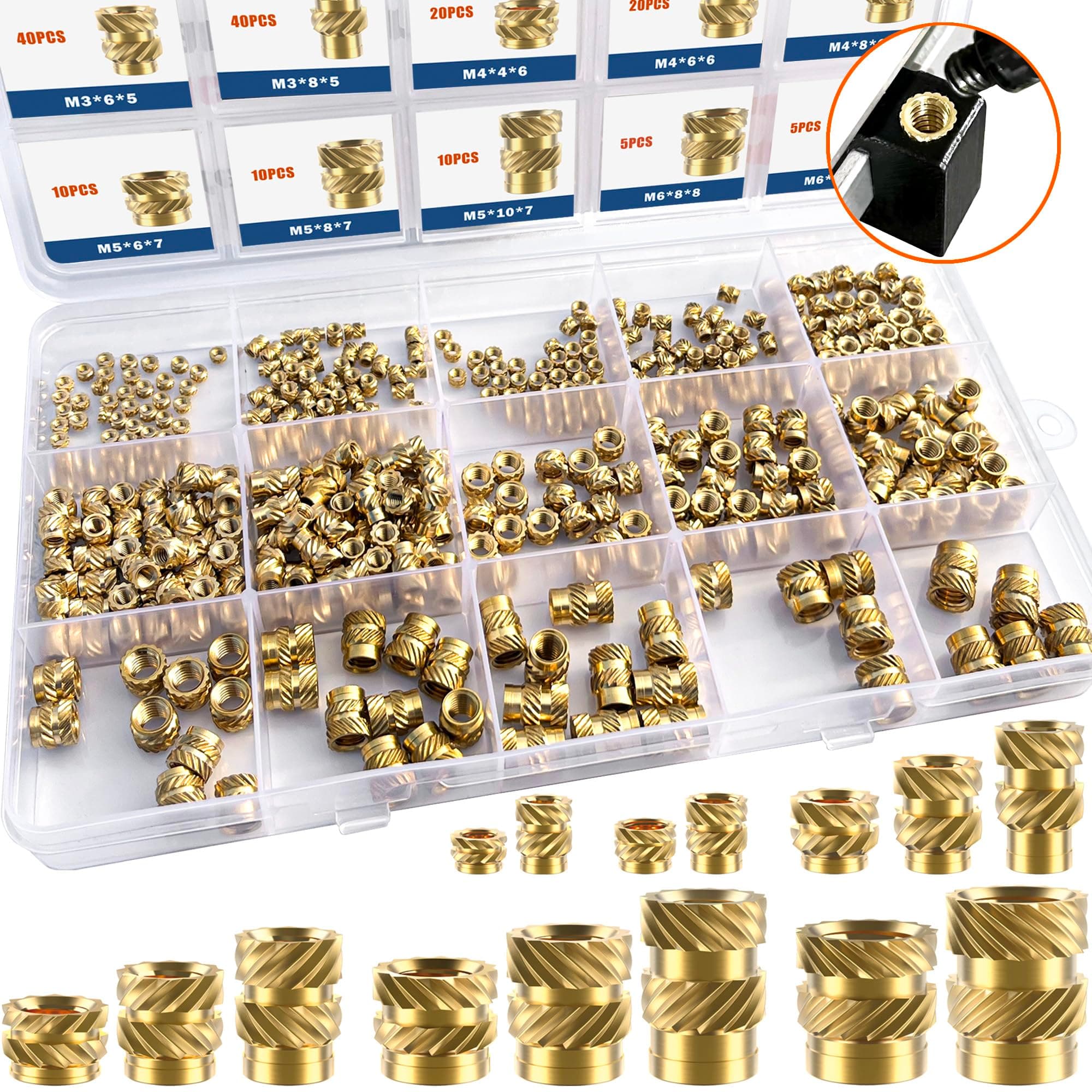 400Pcs Threaded Inserts, M2 M2.5 M3 M4 M5 M6 Female Thread Metric Knurled Nuts Assortment Kit, Brass Heat Set Insert for Plastic and 3D Printing Components (Threaded Inserts Ket)