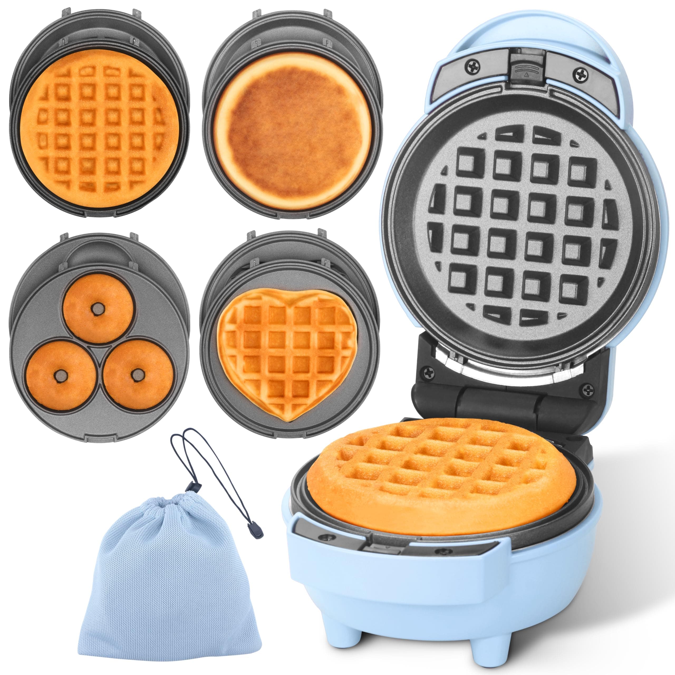 4 in 1 Mini Waffle Maker with Removable Plates, Set Includes Mini Pancake, Donut, Heart Shape Waffle Makers, Compact Size, Recipe Included, Blue