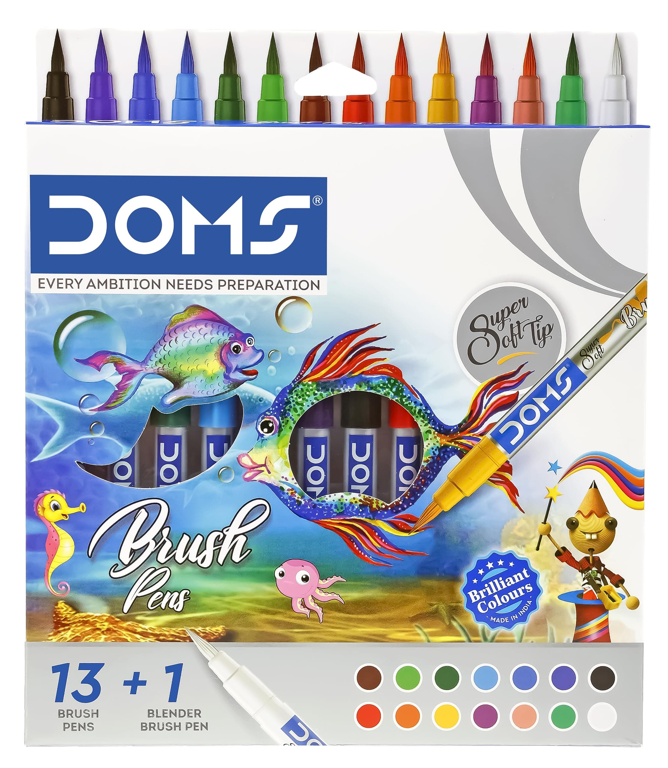 DOMS 14 Shades Brush Pen Box Pack | Super Soft Tip With Brilliant Colors | Water Based Ink Which Gives Water Color Effect | Pack Of 1, Multicolor