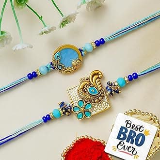eCraftIndia Set of 2 Beautiful Peacock Feather Floral Designer Rakhis | Best Bro Ever Fridge Magnet | Roli Chawal Pack | Rakhi for Brother Bhaiya Bhai Bhabhi Kids