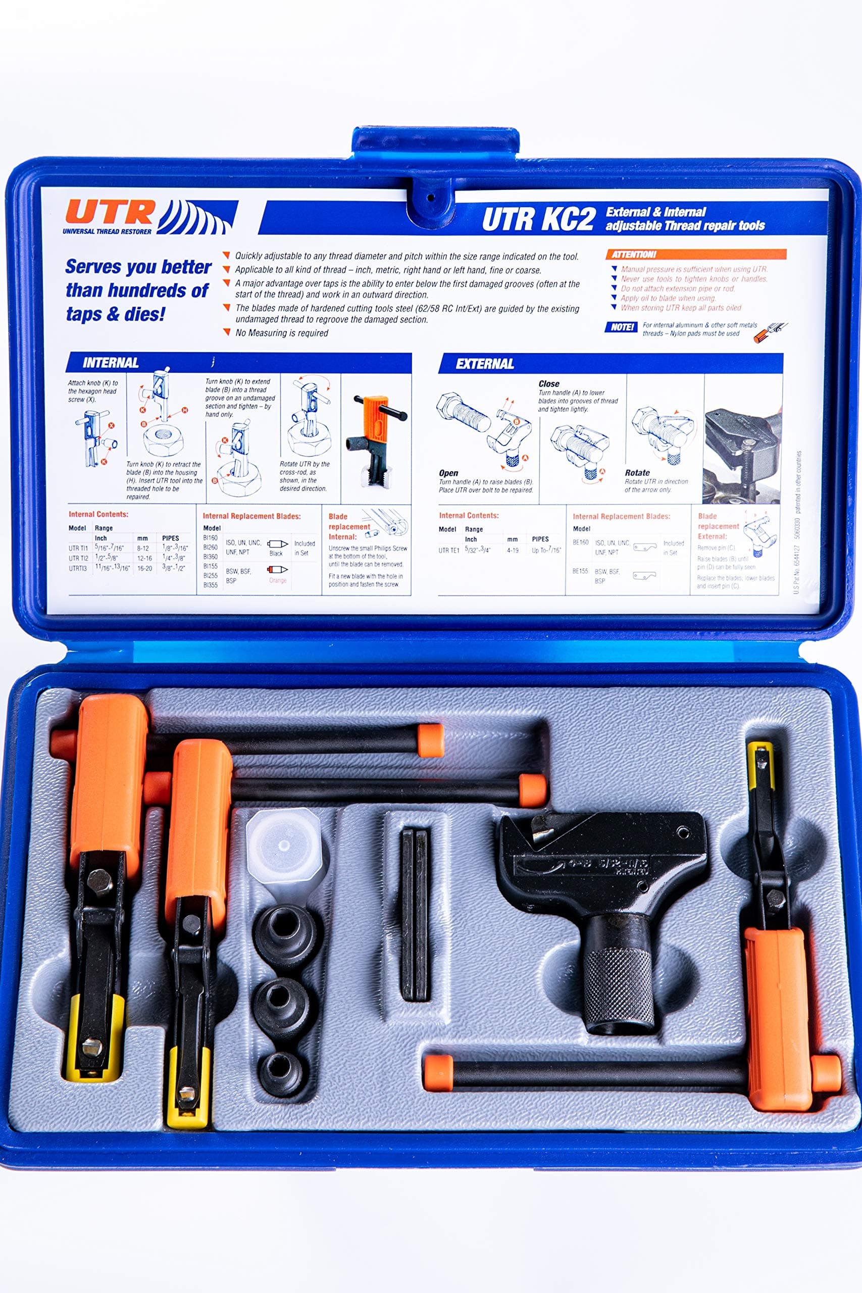 KC2 - External & Internal Adjustable Restorers – Universal Thread Repair Tool Kit. Easily Replaces Hundreds of Taps and Dies. All In One Patented Solution.