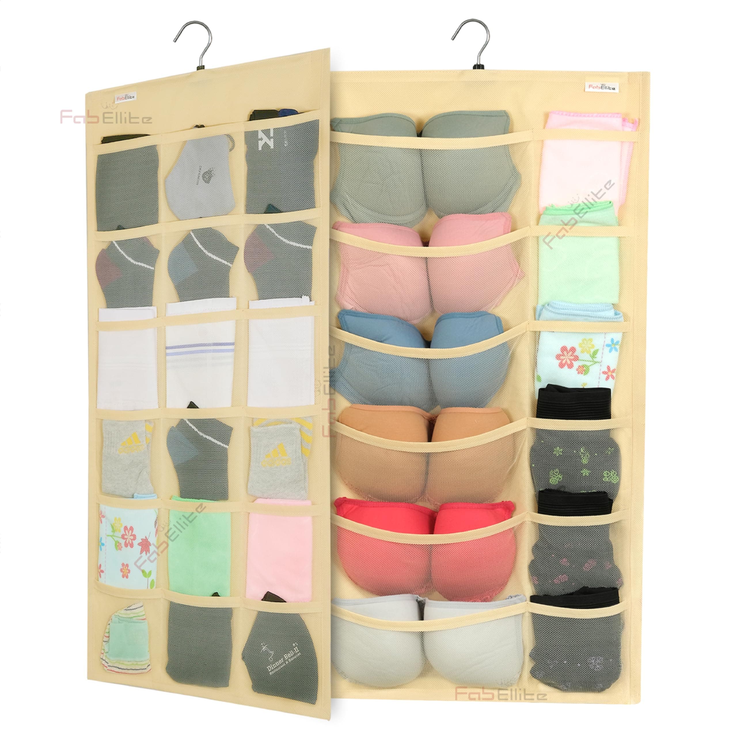 FAB ELLITE Double Sided Hanging Organizer with 30 Clear Pockets | Wall Hanging Closet Storage for Socks Bra Underwear & Accessories Shelves Storage | Space-Saving Hanger Design (Ivory, Pack of 1)
