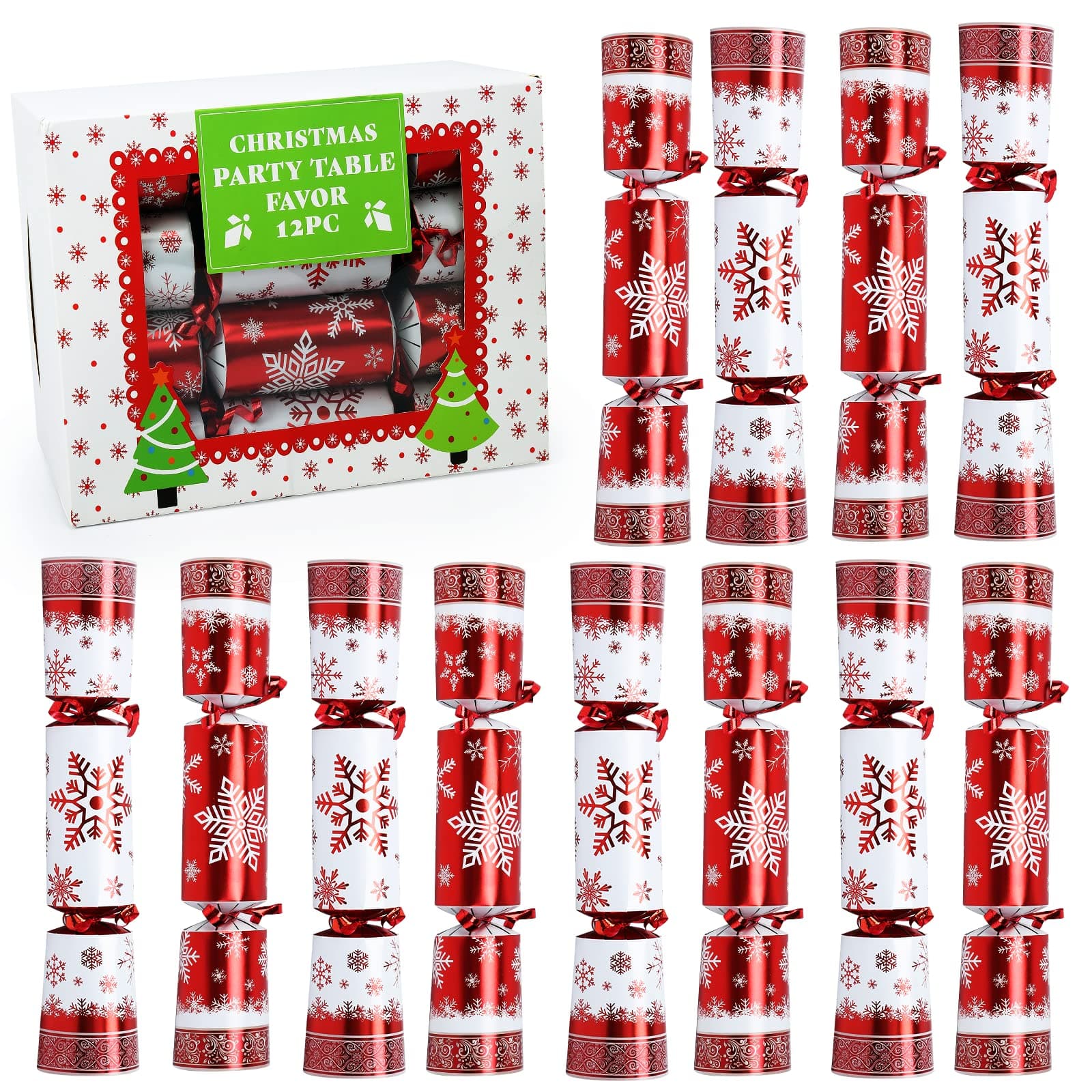 12 Pack 10" Luxurious Red & White Snowflake Design Table Favors with Party Hat, Joke & Xmas Gift for Kids Christmas Parties & Holidays