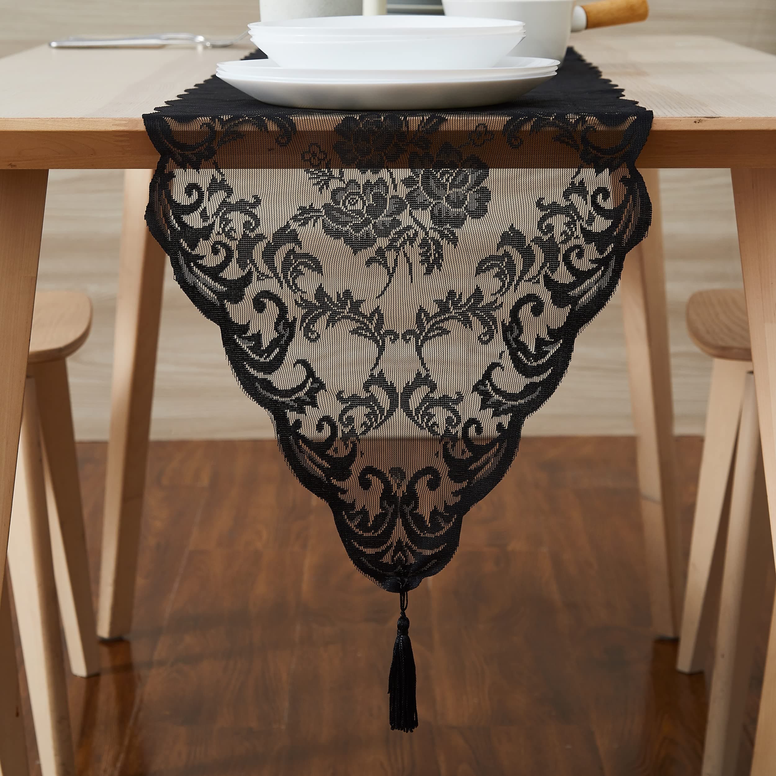 WARM HOME DESIGNS Gothic Table Runner. Short Length 14 x 48 Black Table Runner. Lace Table Runner Features Rose Design & 2 Attached Tassels. Wedding Table Runner from Lace Fabric. MTR Black 48"