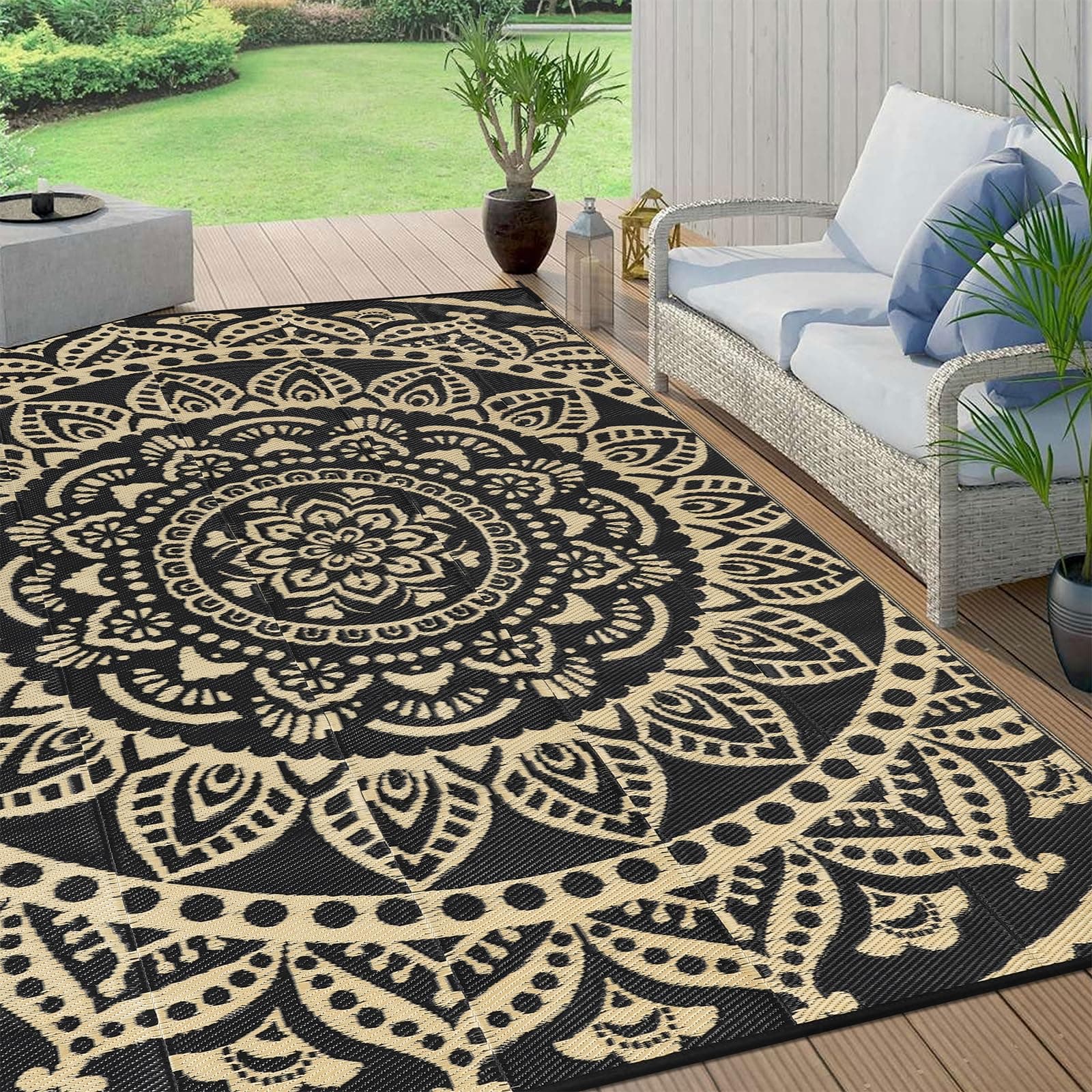 Bsmathom Waterproof Outdoor Rug 9x12ft Large Reversible Boho Plastic Straw Patio Deck Camping Rugs, Indoor Outdoor Portable RV Mat Carpet for Outside, Porch, Balcony, Backyard, Beach, Pool,Black