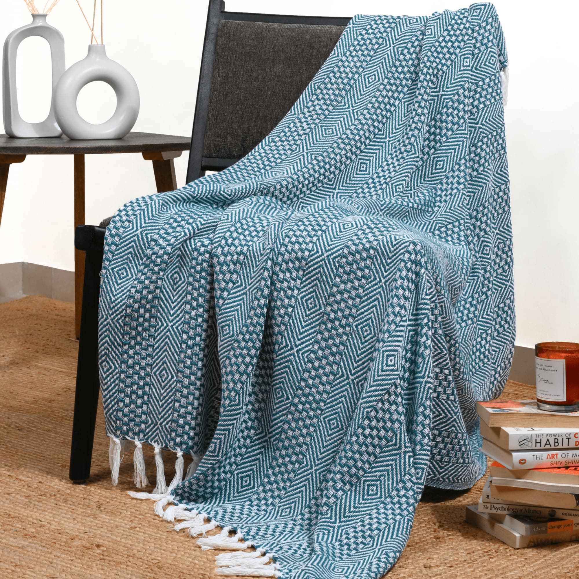 Rustic Throw Blanket with Decorative Tassel Cotton Throws Geometric Woven Soft Patio Comfy Blankets Teal Blue - 50 x 60 Inches