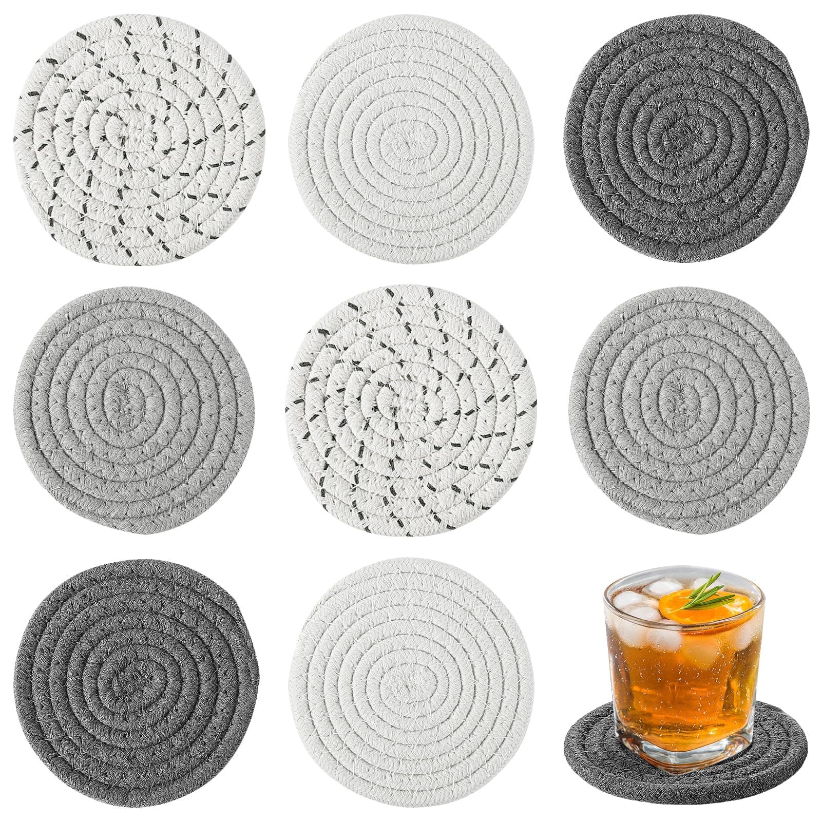 Handmade Woven Drink Coasters, 8 Pcs Boho Absorbent Coasters for Home Decor, Cotton for Farmhouse Table Kinds of Cups New House Gift(4.3in, Grey/White)