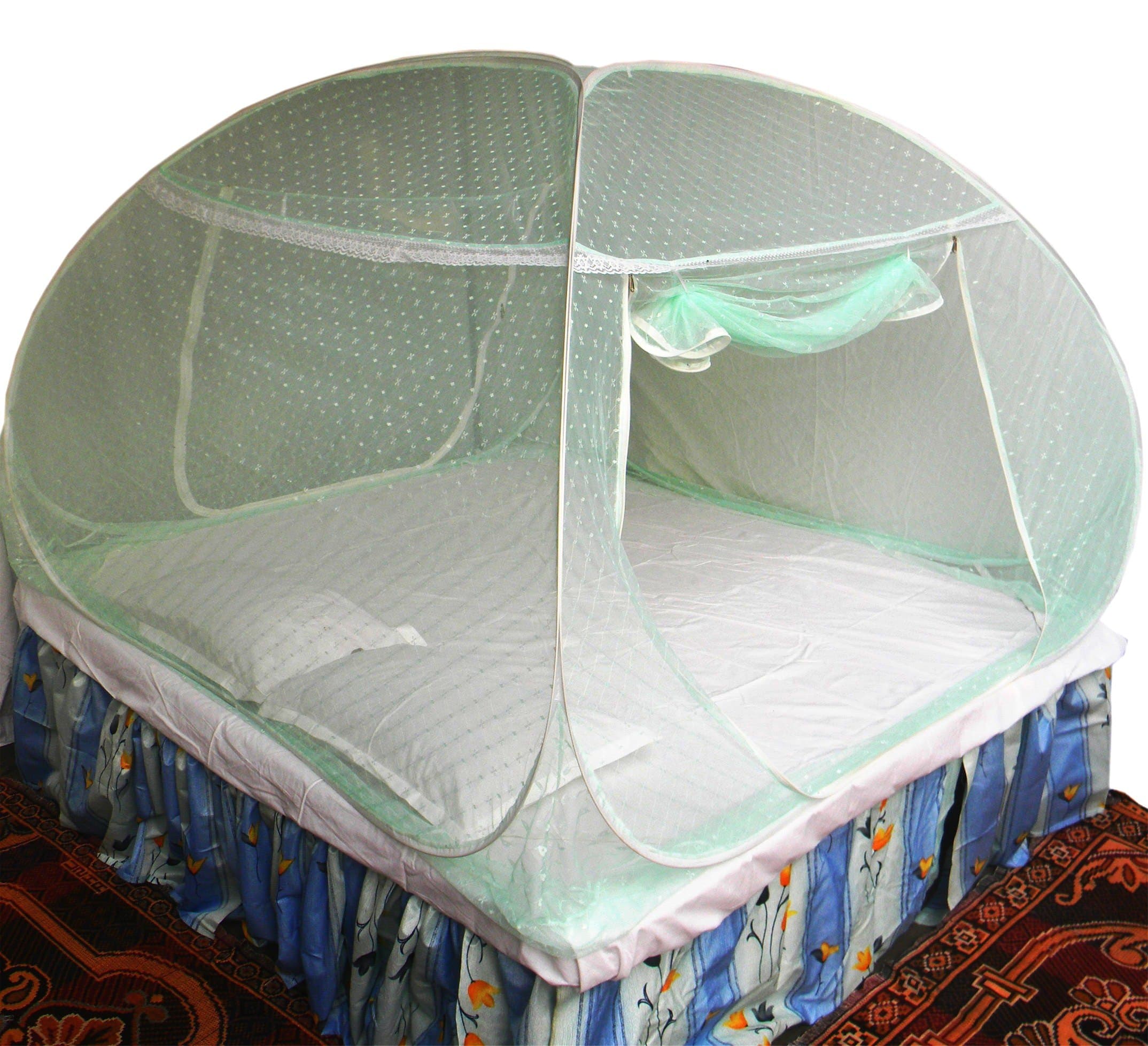 Healthy Sleeping Foldable Pop up Polyester Mosquito Net for Double Bed, Strong & Durable Mosquito Net for King, Queen Size Bed (New Embroidery Sea Green)