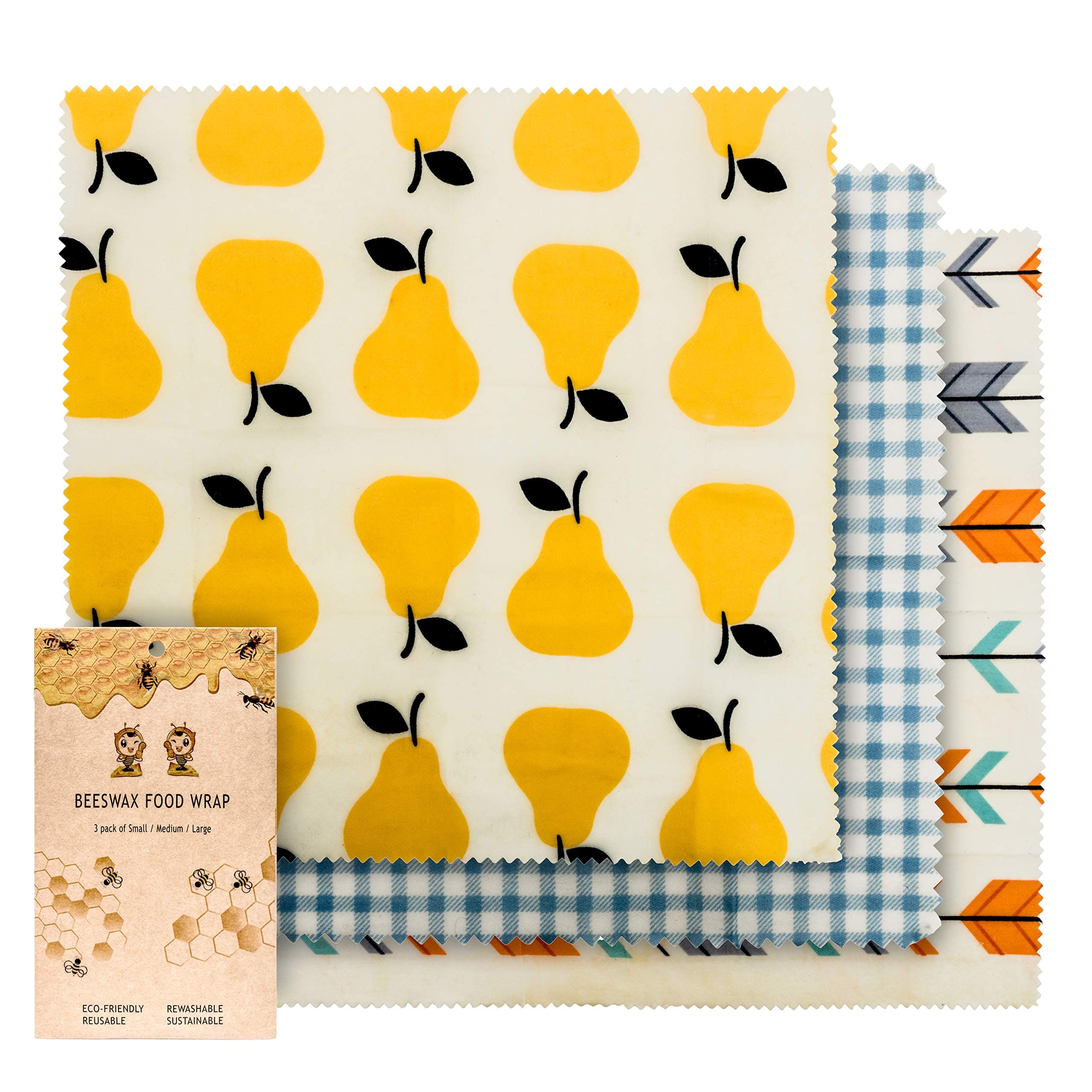 BusyBee Eco Friendly Beeswax Wrap Assorted 3 Pack - All Natural FDA Compliant Reusable Food Wrap - Store & Preserve Foods Without Plastic
