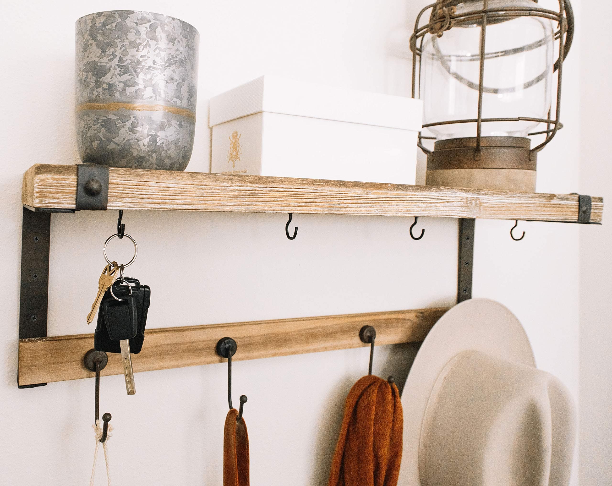 Entryway Coat Rack Shelf : 24" x 7" Rustic Wooden Entry Way Hanging Shelf Mount, Industrial Wall Mounted Organizer Mug Rack Key and Coat Hooks, Home Decor, Shelves for Mudroom Bedroom Bathroom Mail